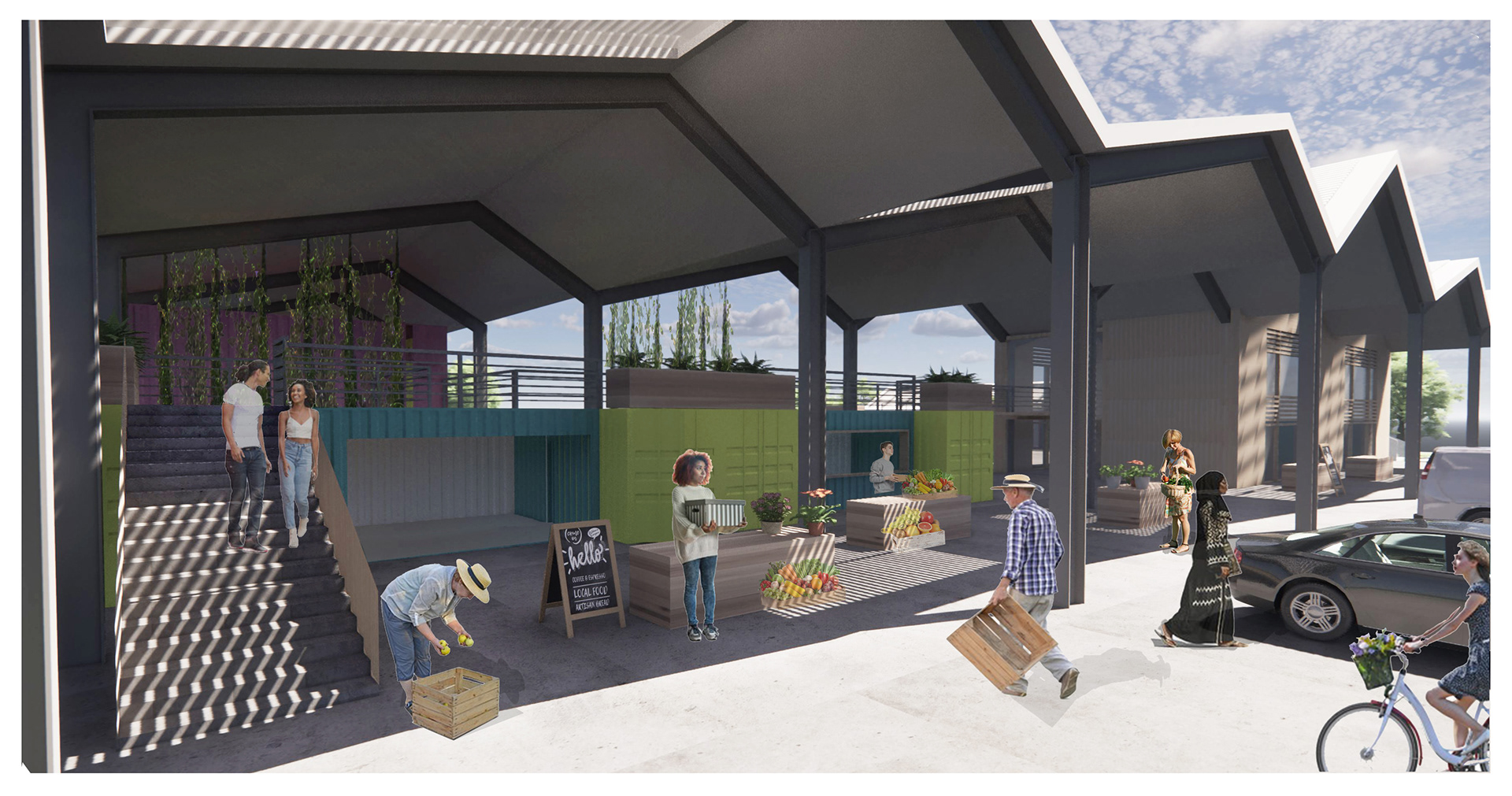 A farmers market taking place outside the office space. Trucks can back up directly to the porch for easy distribution. (Final render by Veronica Hernandez))