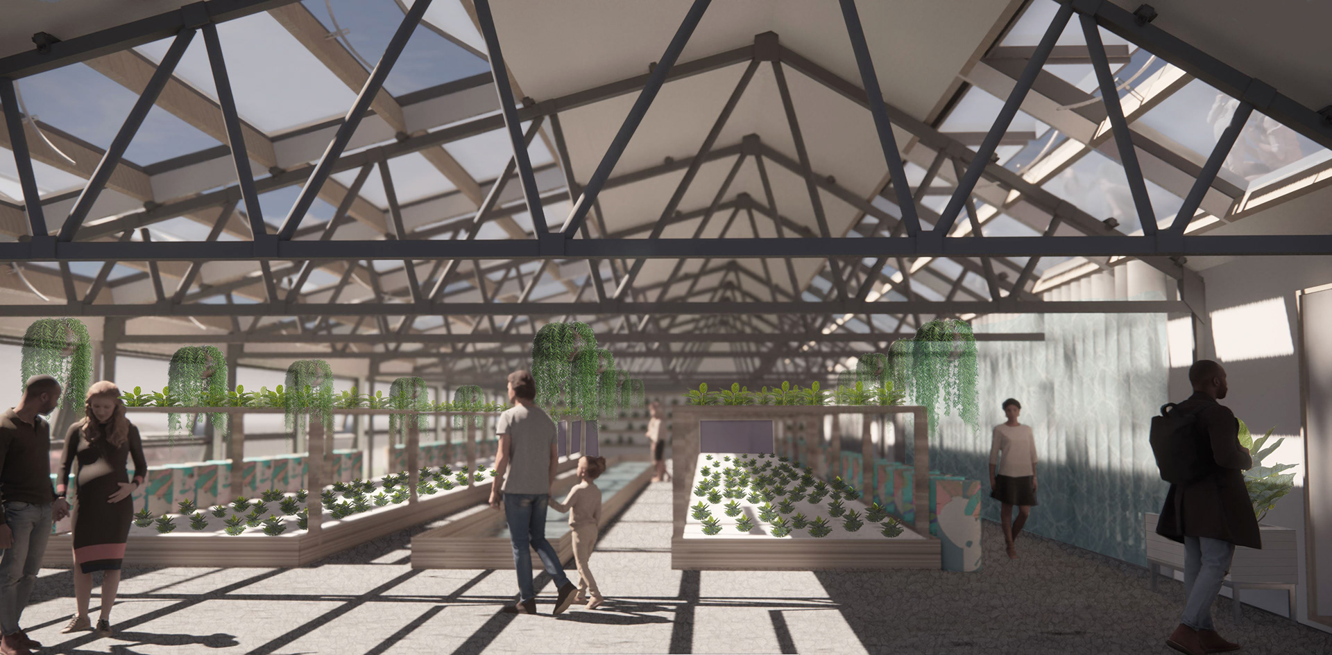 A view inside the greenhouse. Water tanks at the back release stored heat from the sun, and polycarbonate windows on opposite walls cool the space. (Final render by Veronica Hernandez)