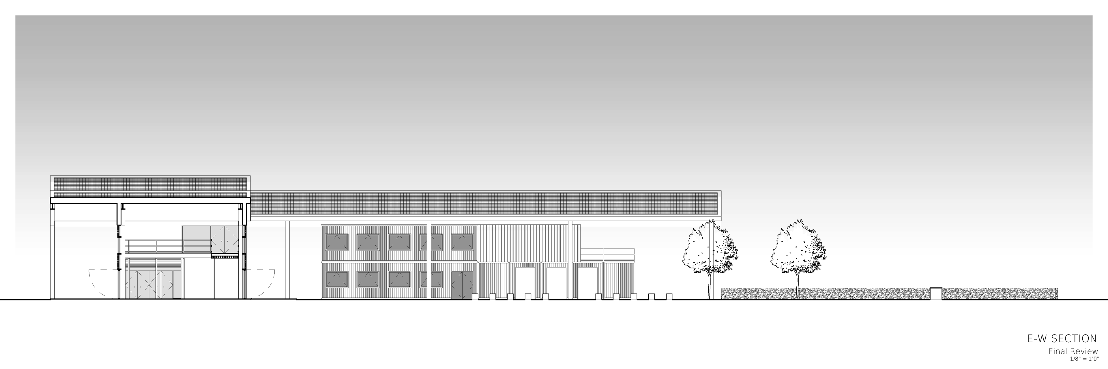A section through the two-story event space. Behind it can be seen an elevation of the North wing residences.