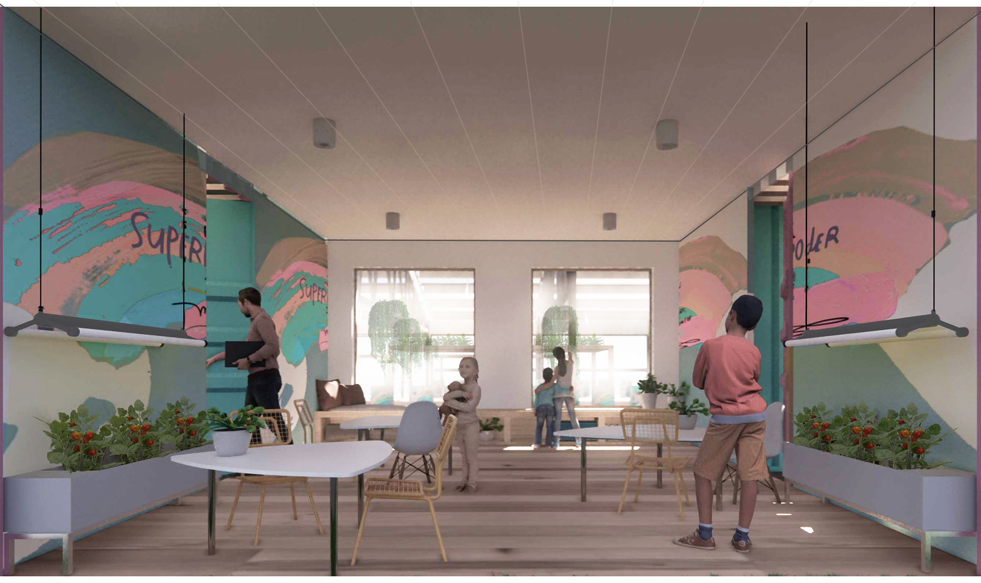 Classrooms looking into the aquaponics greenhouse. (Final render by Veronica Hernandez))