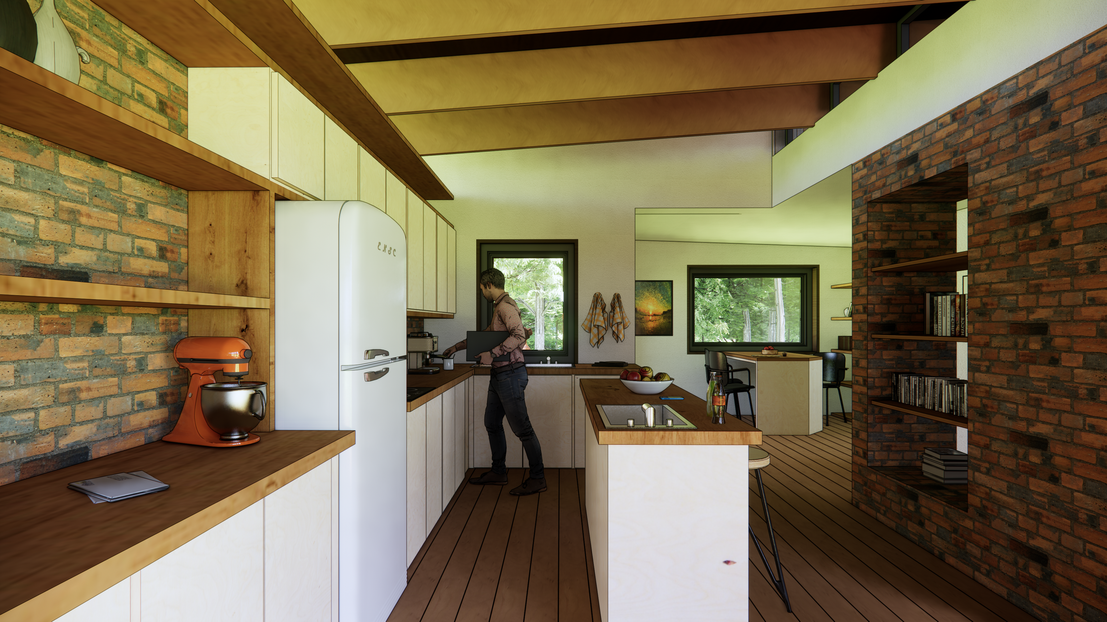 The kitchen, with the dining room beyond.