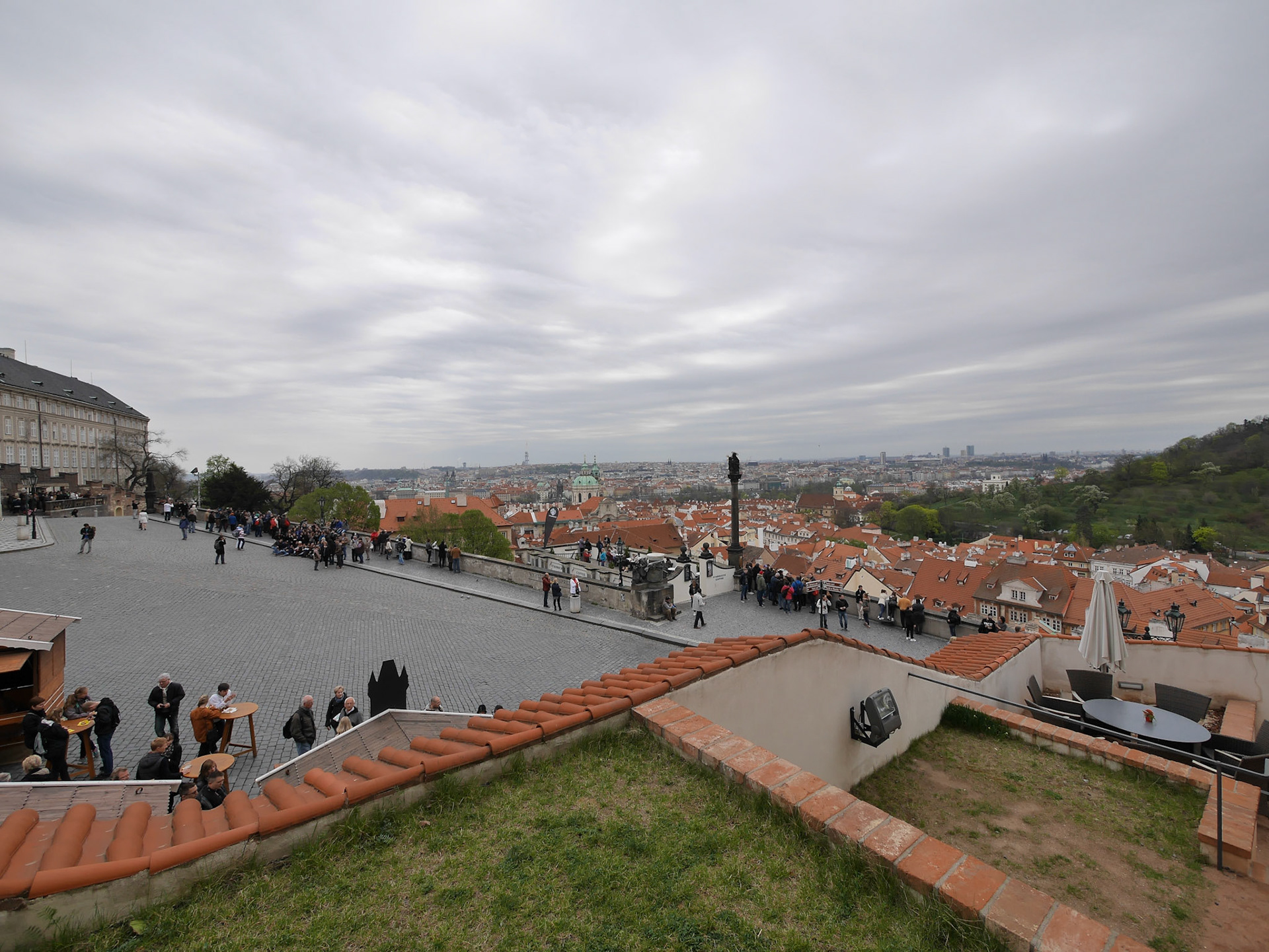See if you can spot the following: a Starbucks, a group of teenagers taking a photograph, Prague's ugliest structure (TV tower), tourists eating sausages. Do you see a New Yorker ?