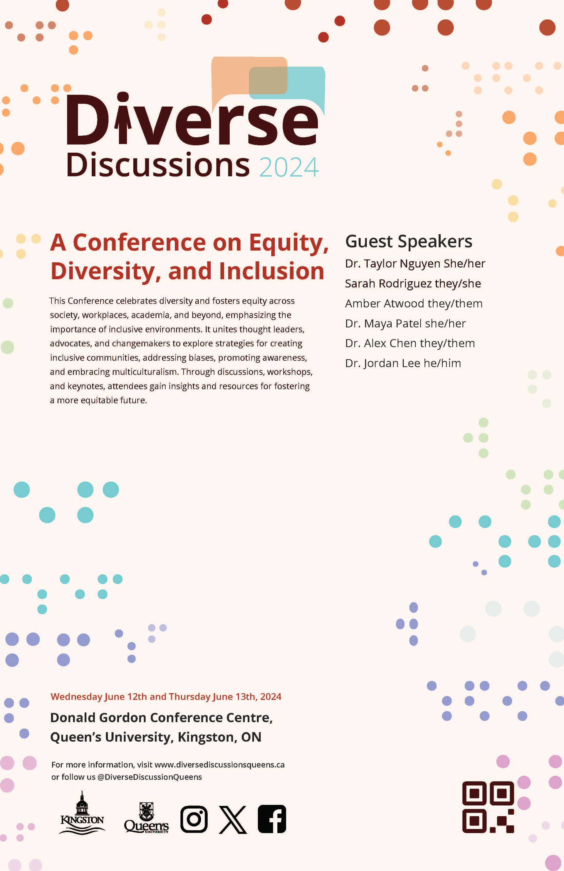 Diverse Discussions 2024. A conference on equity, Diversity and Inclusion. Front side of poster. Pale tan background, rainbow braille as a pattern.