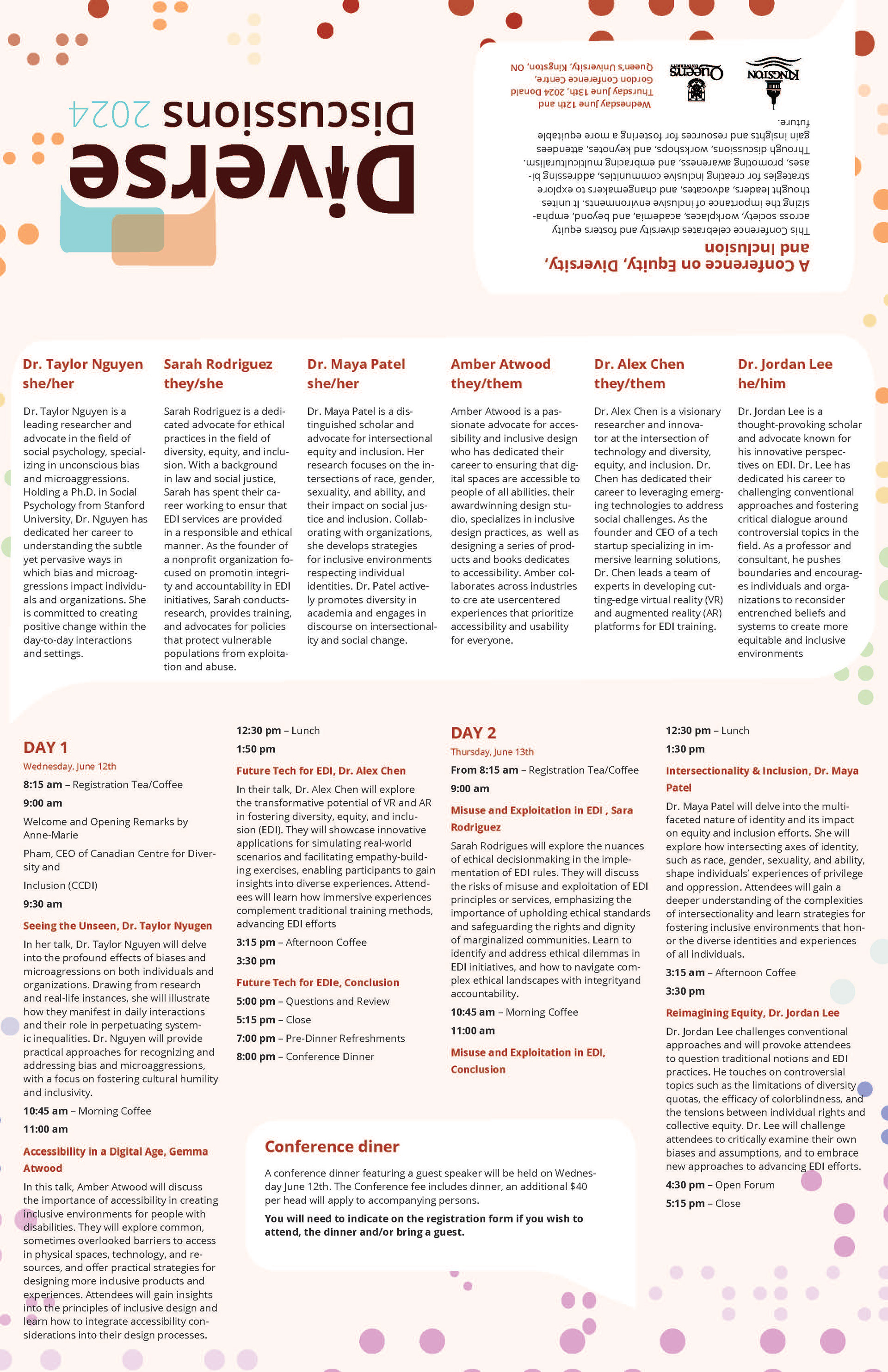 Diverse Discussions 2024. A conference on equity, Diversity and Inclusion. Brochure or backside of the poster. Has the schedule and speakers on it. Showcases a lot of text.