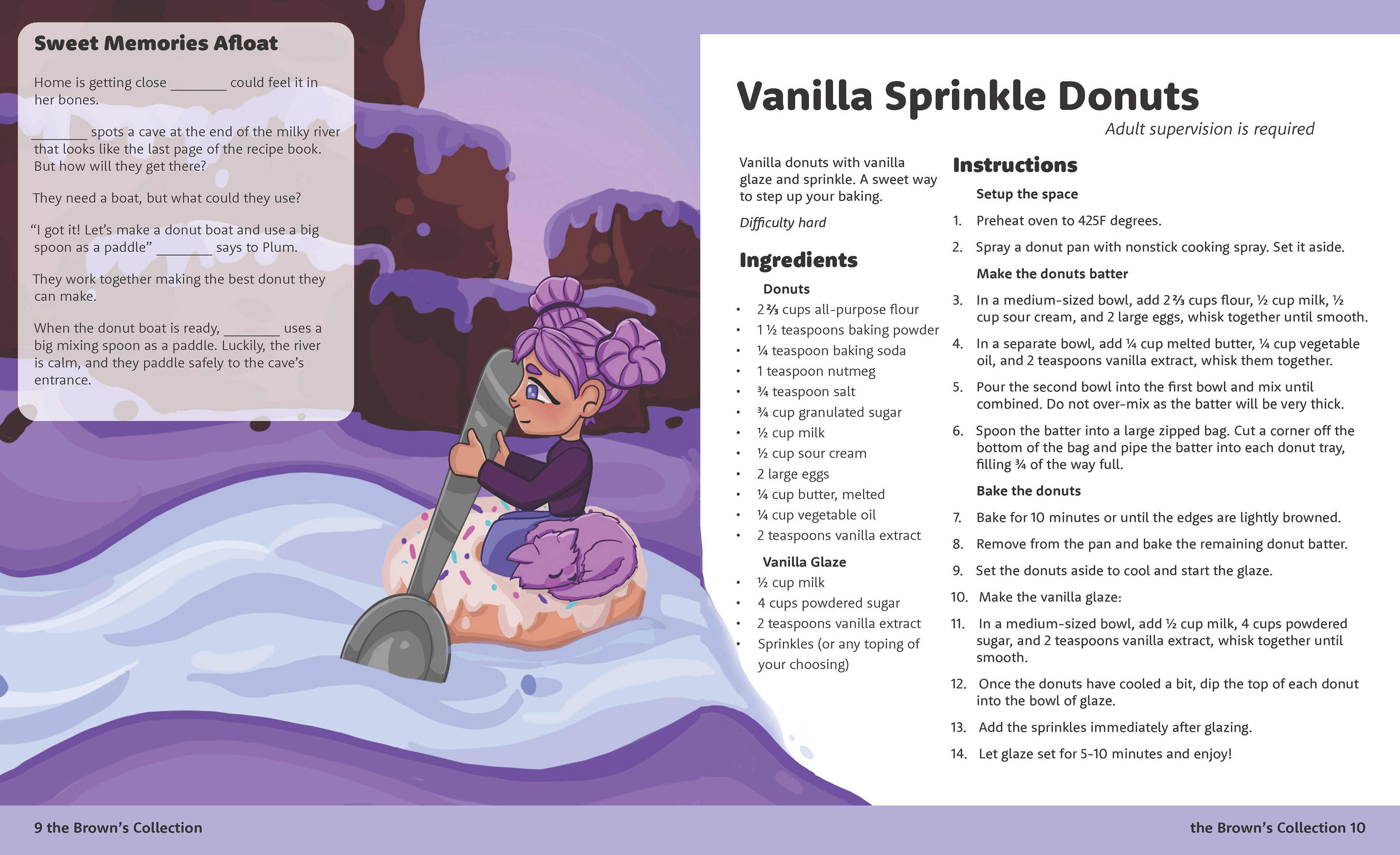 Third spread vanilla sprinkle donuts. Difficulty hard, purple background. Illustration on the left depicting the main character on a donut boat in a milk river using a giant spoon. Cat is sleeping by her side. Brownie mountain in the background.