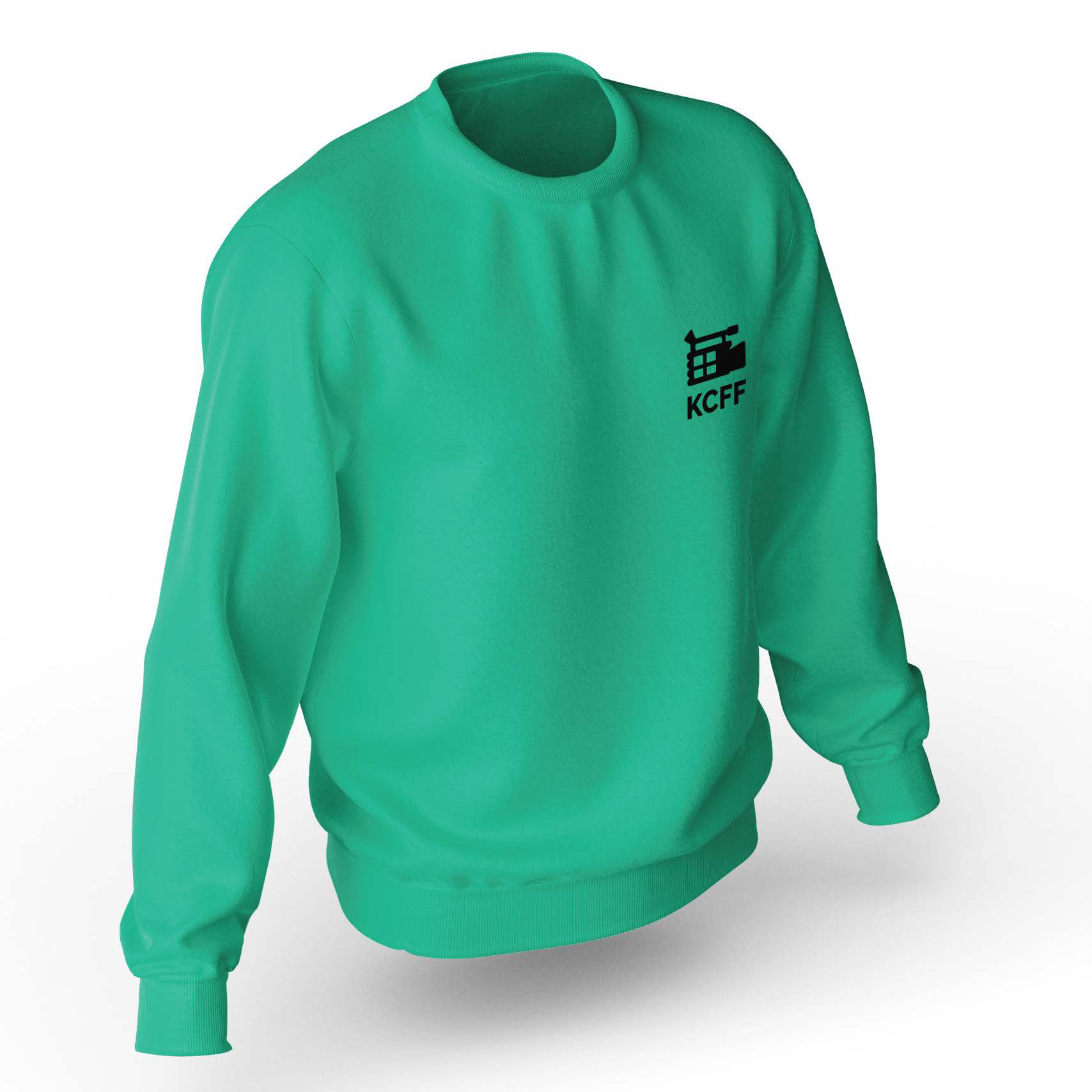 Mockup of teal sweater and KCFF Icon
