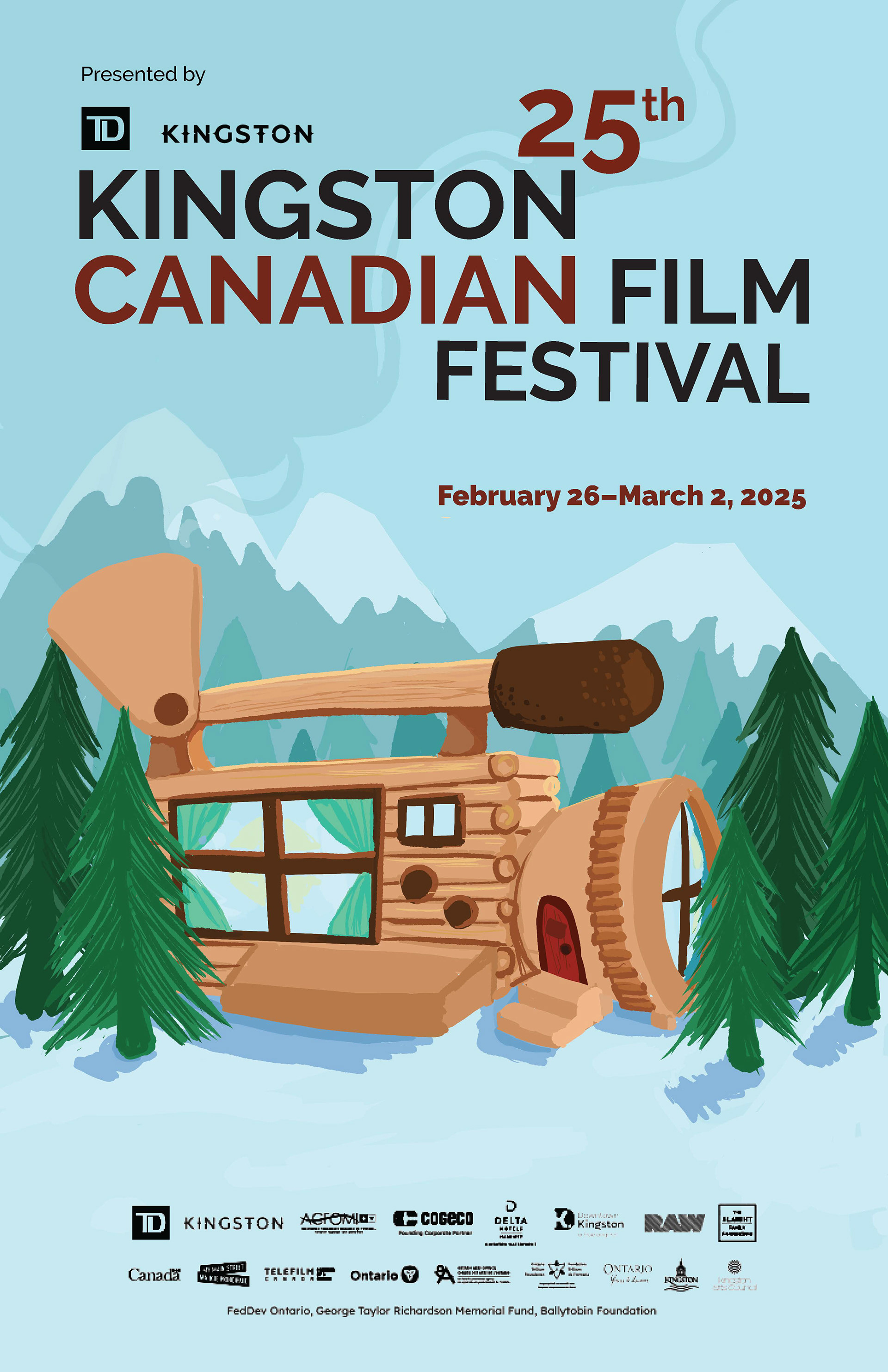 Kingston Canadian Film Festival Poster with a illustration of a camera as a wood cabin as the focal point.