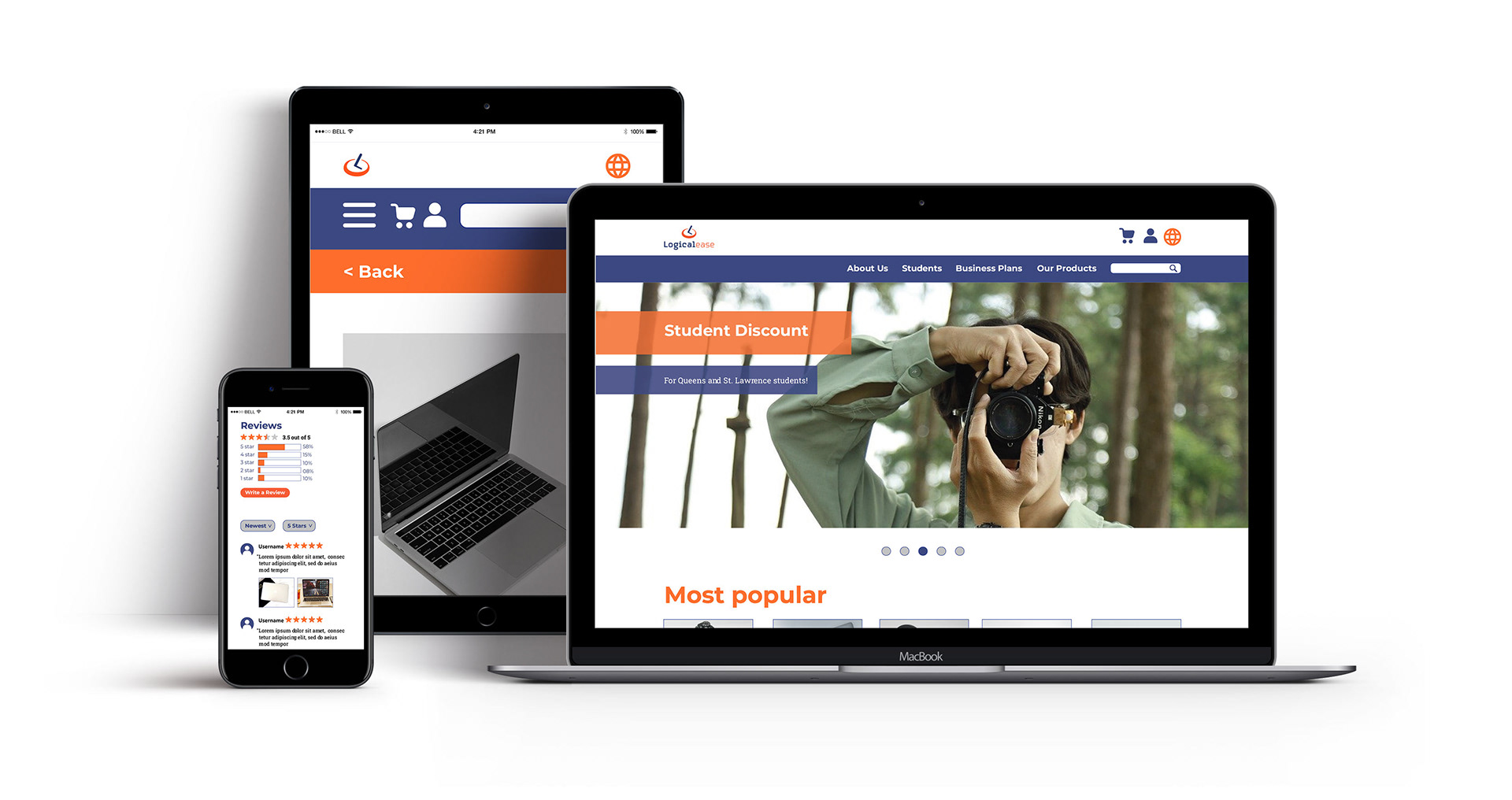 Mockup of the site in three breakpoints. Desktop displaying the homepage. Tablet displaying the product listing page. Phone displaying the reviews section on the homepage.