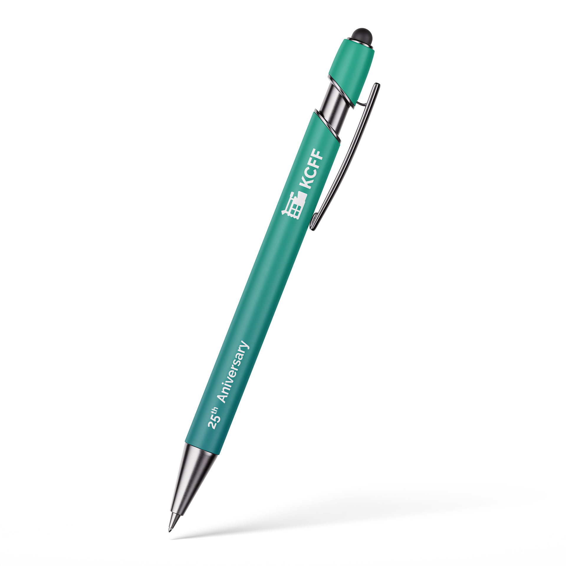 Mockup of pen with 25 anniversary and icon. Gradient background.