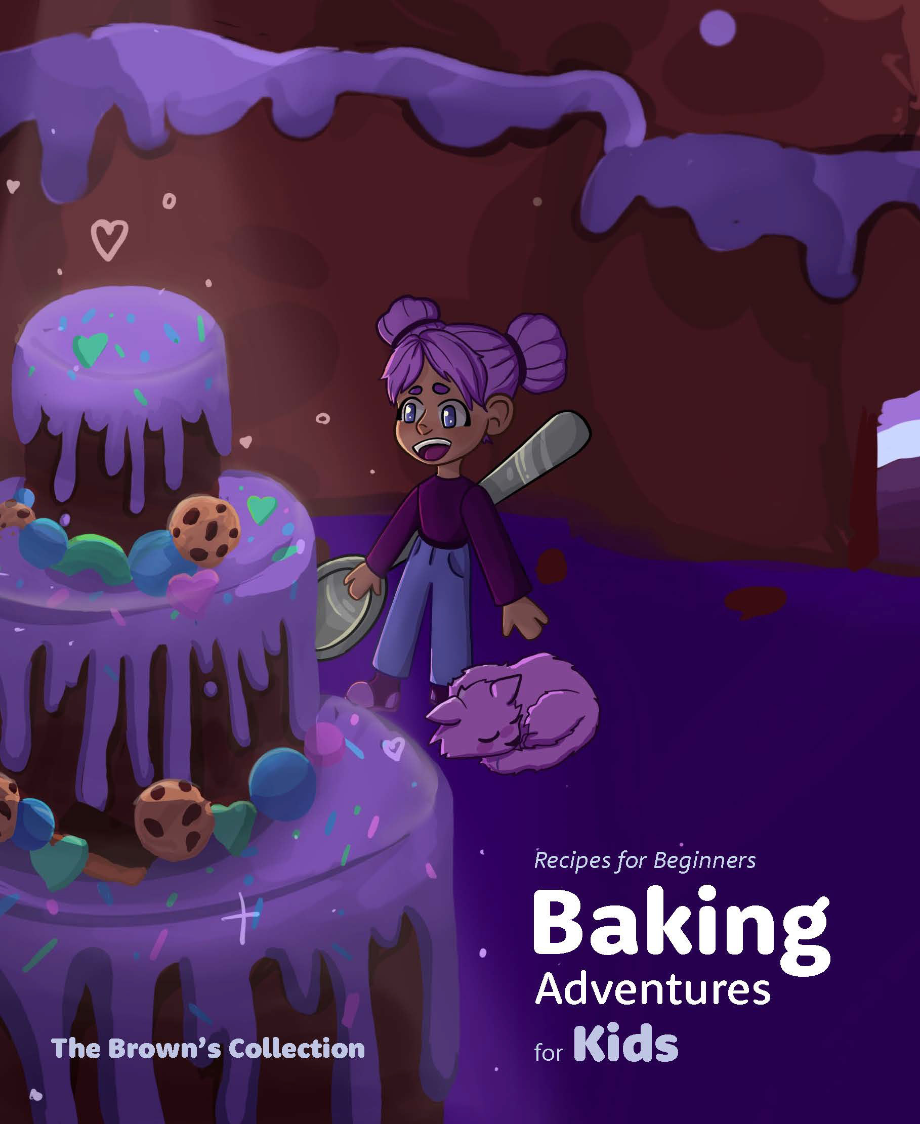 Recipes for beginners baking adventures for kids. The Brown's Collection. Flat view of the book cover. Illustration of main character with a large spoon. The guardian cat is by her feet. In a brownie cave she is staring at a massive 3 tier cake.
