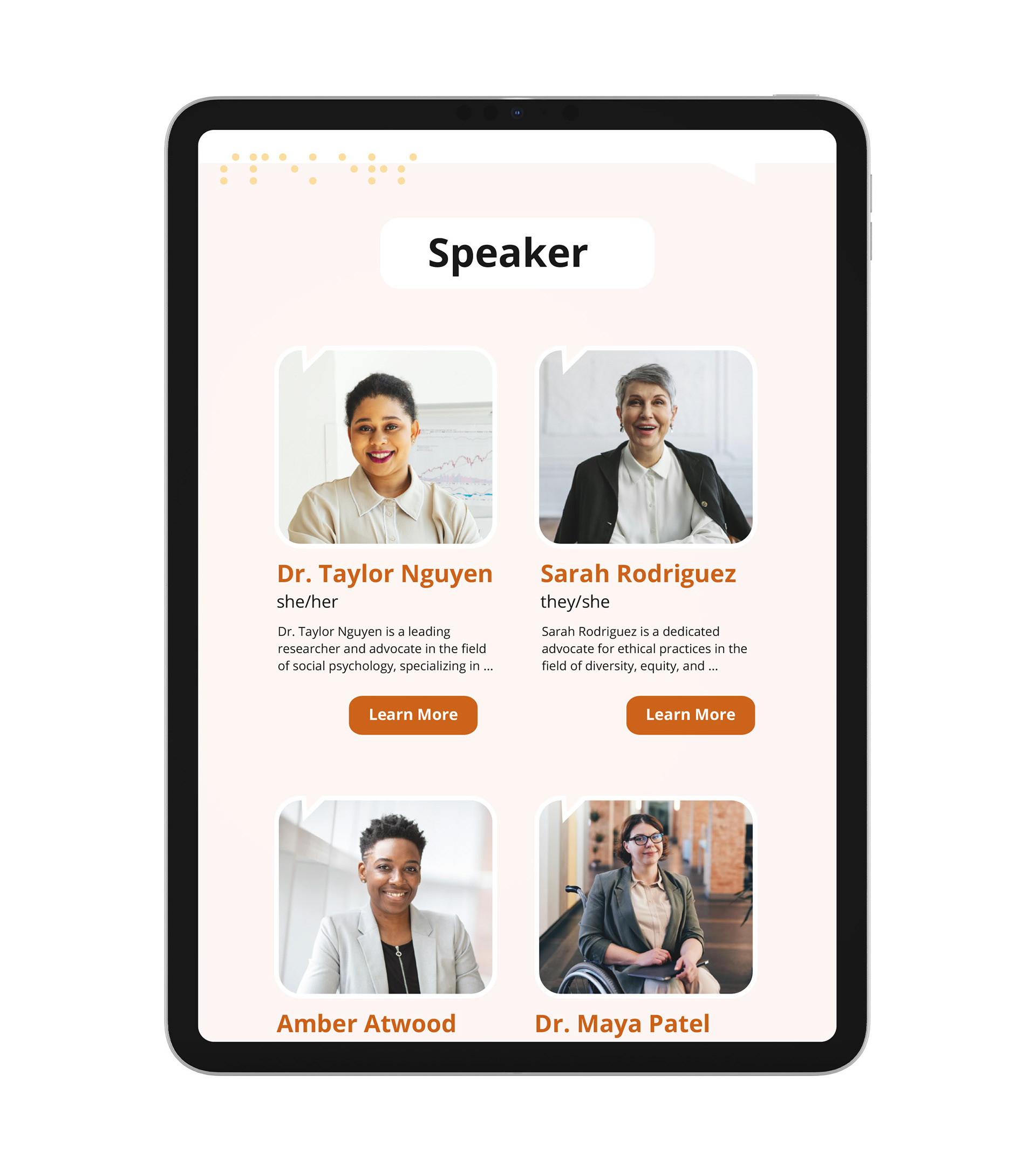 Tablet mockup of speakers section.