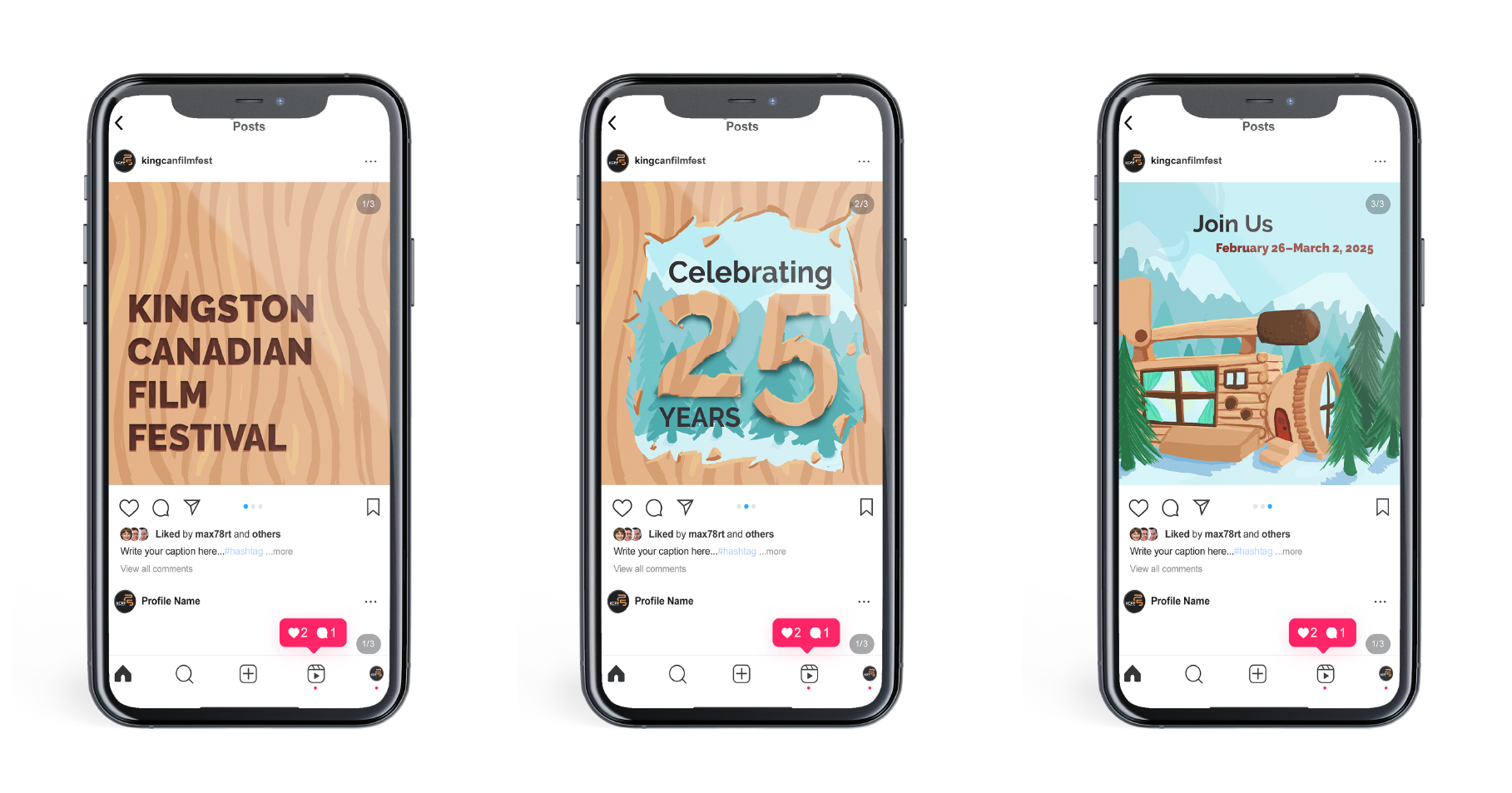 3 Phone mockup of the Instagram feed and posts. Showcasing the 3 slides.