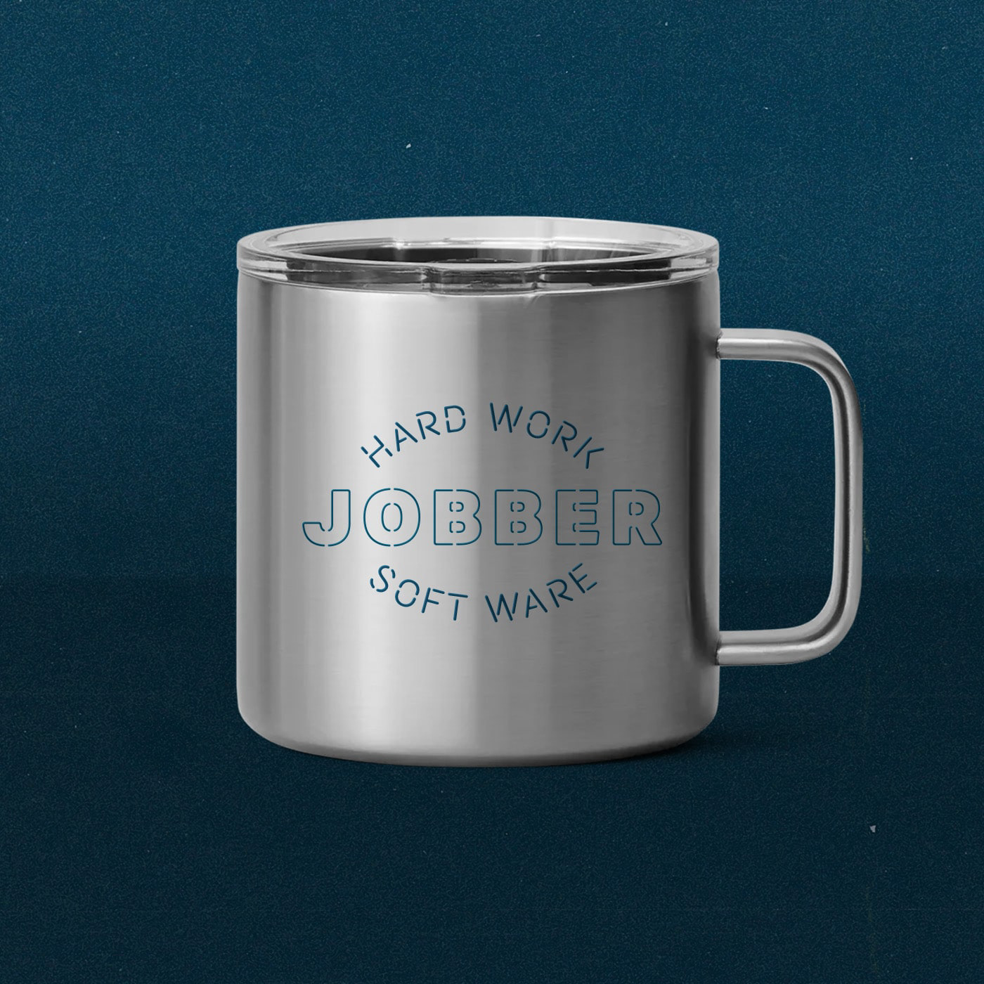 brushed metal coffee mug with a lid with "Jobber, hard work software" printed on the side.