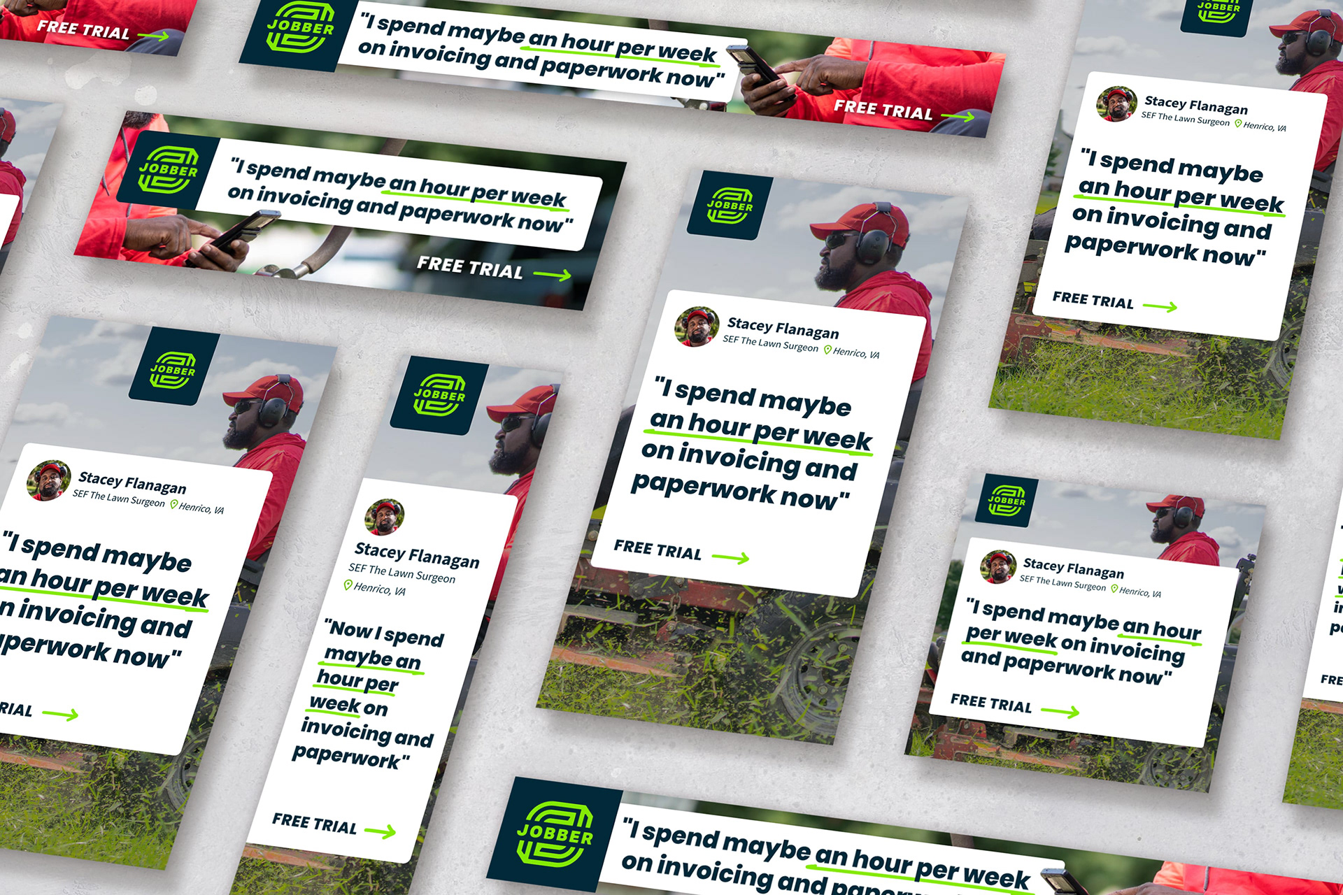 Mockup of social media ads with a testimonial that reads "I spend maybe an hour per week on invoicing and paperwork now" over a background of a man operating a riding lawnmower.
