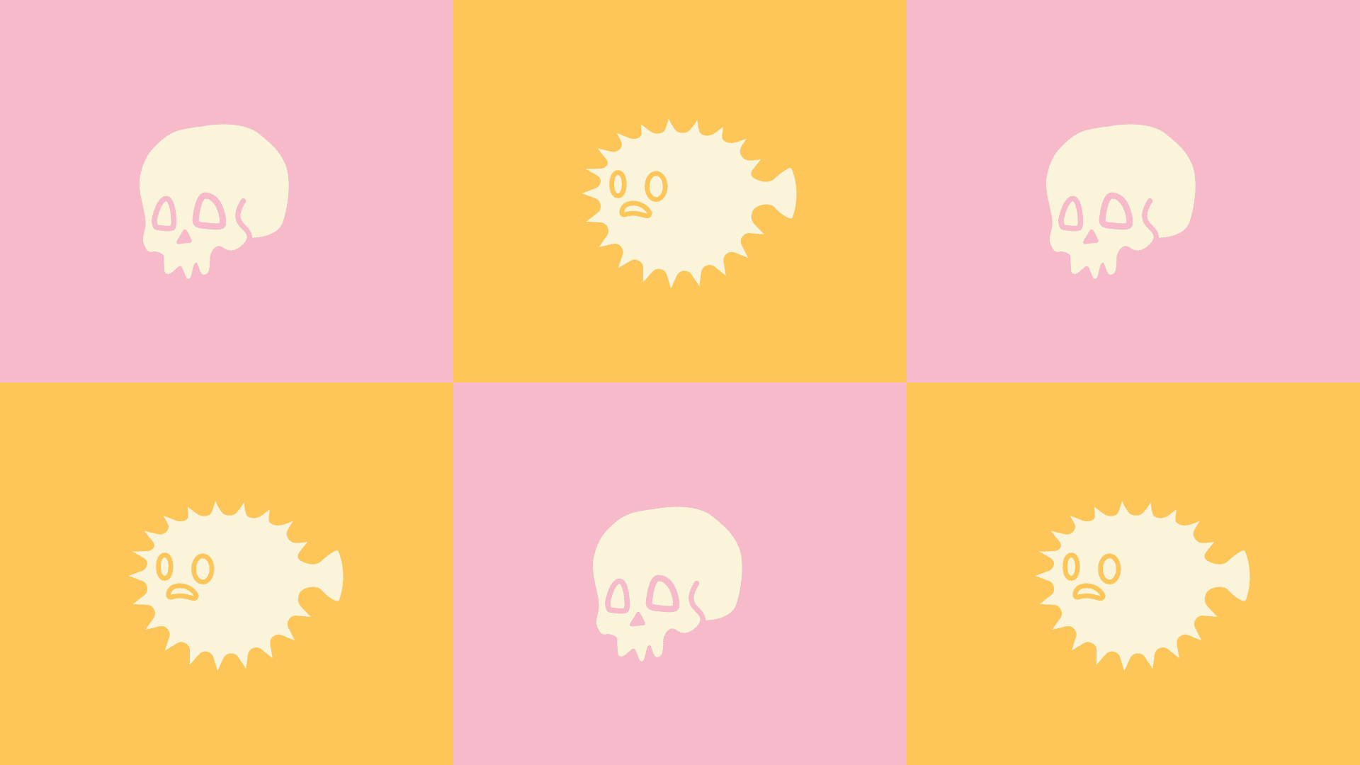 A grid of iconographic images of skulls and blowfish, their background colours changing.