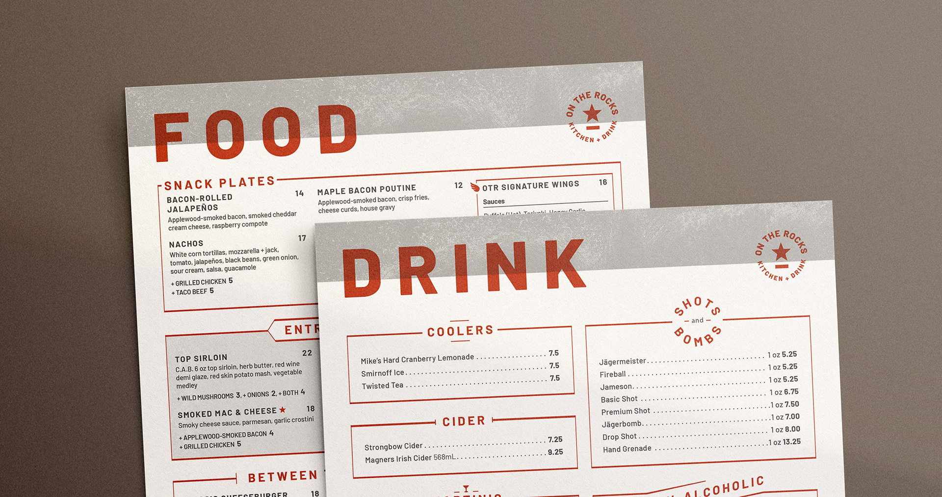 Food and drink menus using the on the rocks brand's typographic style system.