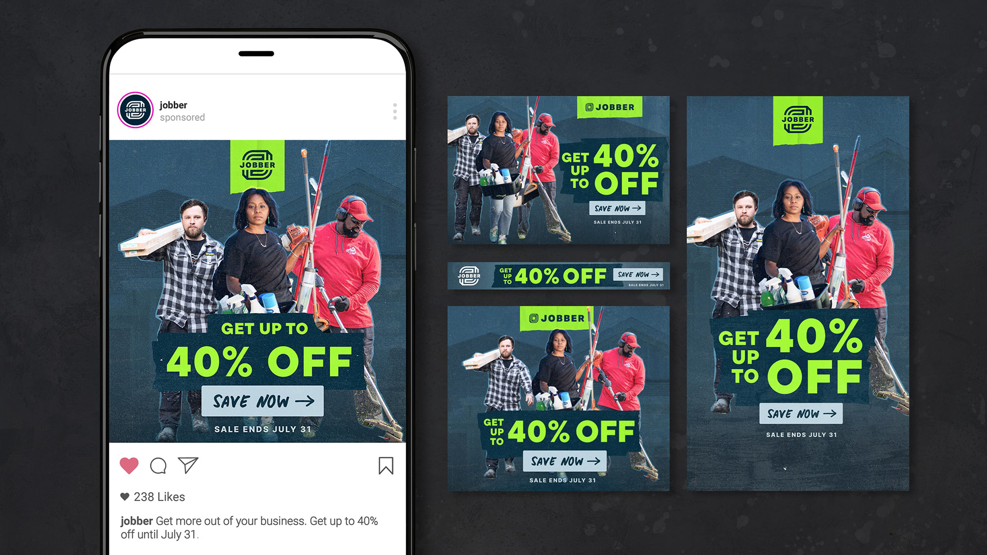 A smartphone showing an instagram post graphic showing 3 home service workers looking heroic. "get up to 40% off, save now" text in the foreground.