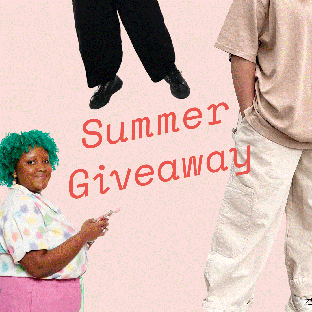"Summer Giveaway" text is covered by photos of people wearing colourful Meals brand pants. The photos disappear to reveal the text "Win a pair of meals pants"