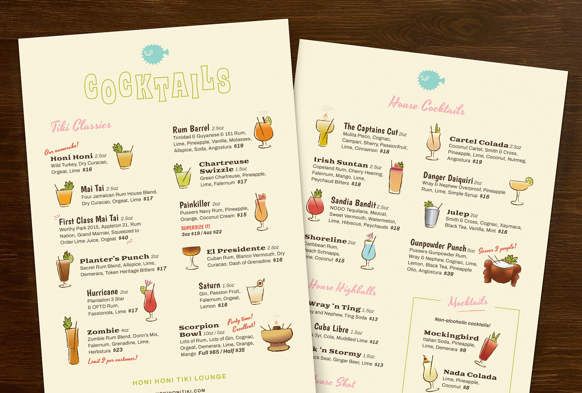 A tiki cocktail menu featuring colourful, hand-drawn illustrations of drinks.