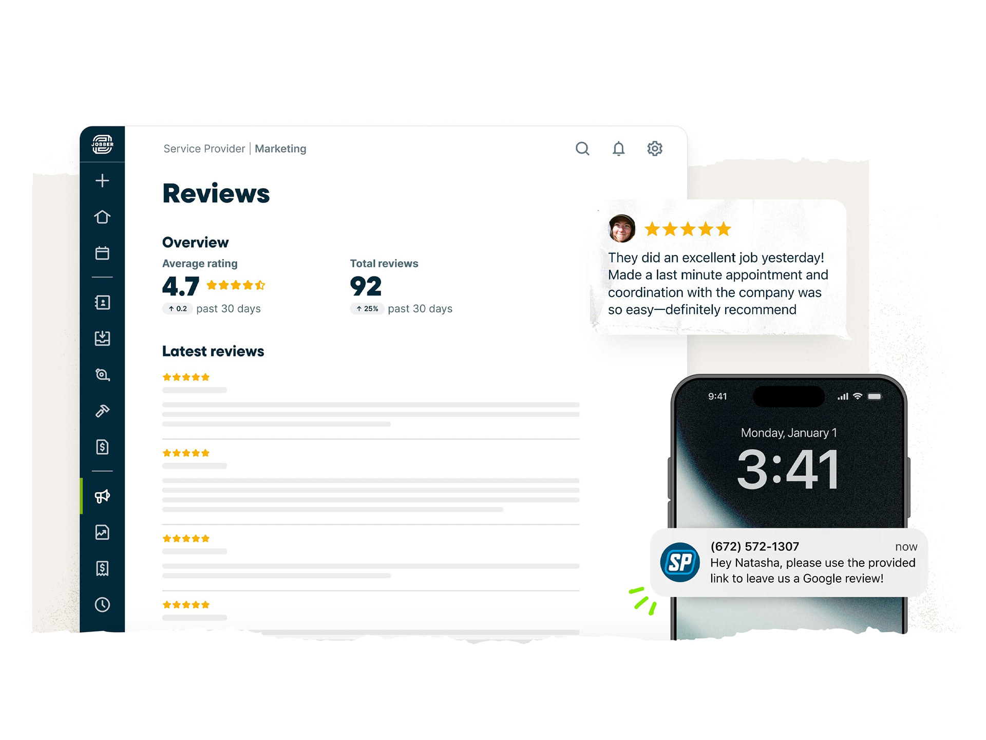 A composition of digital elements showing online reviews and windows from the Jobber app.