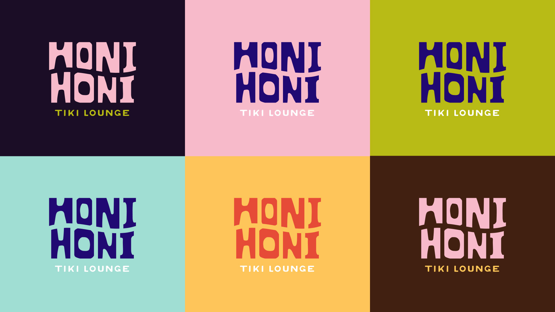 6 different colour versions of the Honi Honi Tiki Lounge logo.