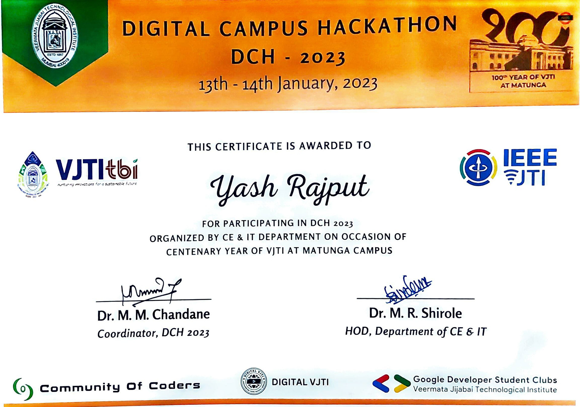 Centenary Hackathon Certificate