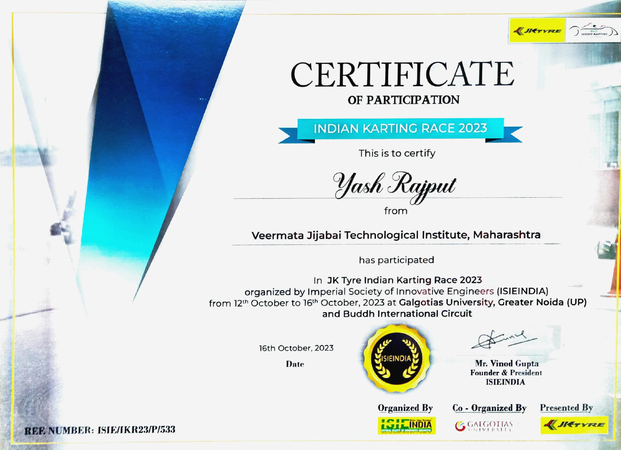 Certificate By Indian Karting Race
