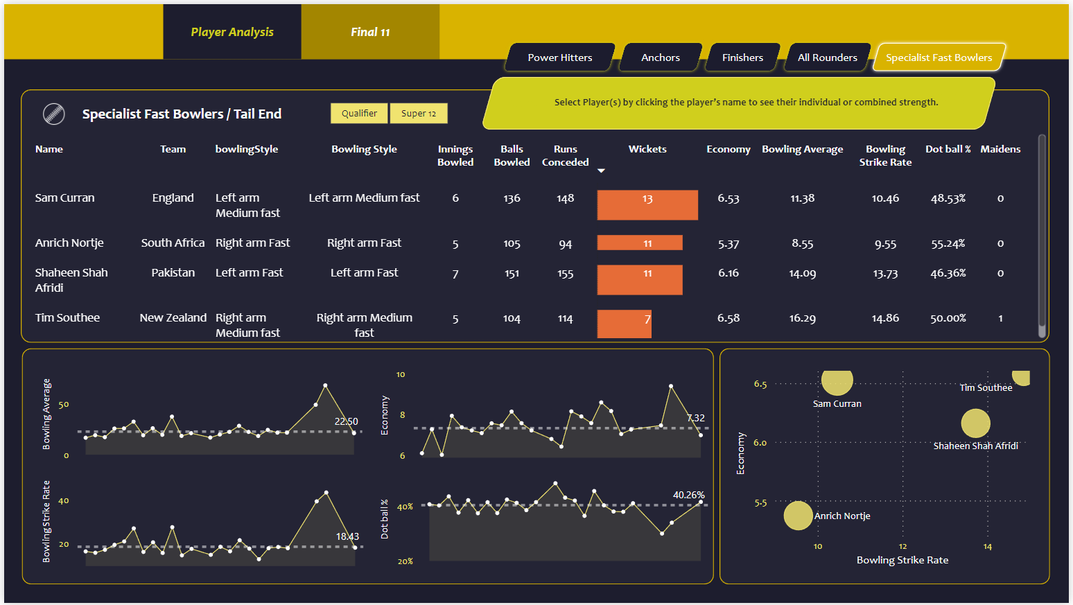 Dashboard for Fast bowlers