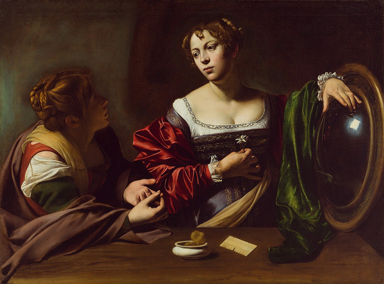 CARAVAGGIO (1571–1610), MARTA E MARIA MADALENA (A CONVERSÃO DE MADALENA) C. 1598. ÓLEO E TÊMPERA SOBRE TELA, DIMENSÕES 100 X 134,5 CM, DETROIT INSTITUTE OF ARTS.