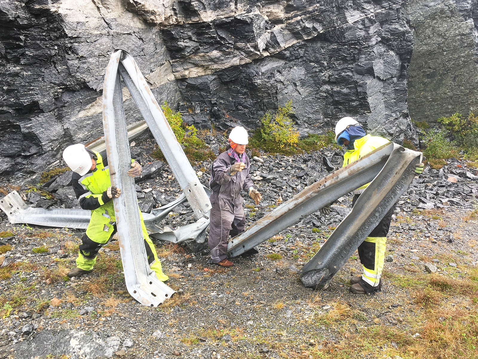 Testing different configurations with the crash barrier fragments we salvaged from the landslide / Copyright © Christopher Pearson 2019