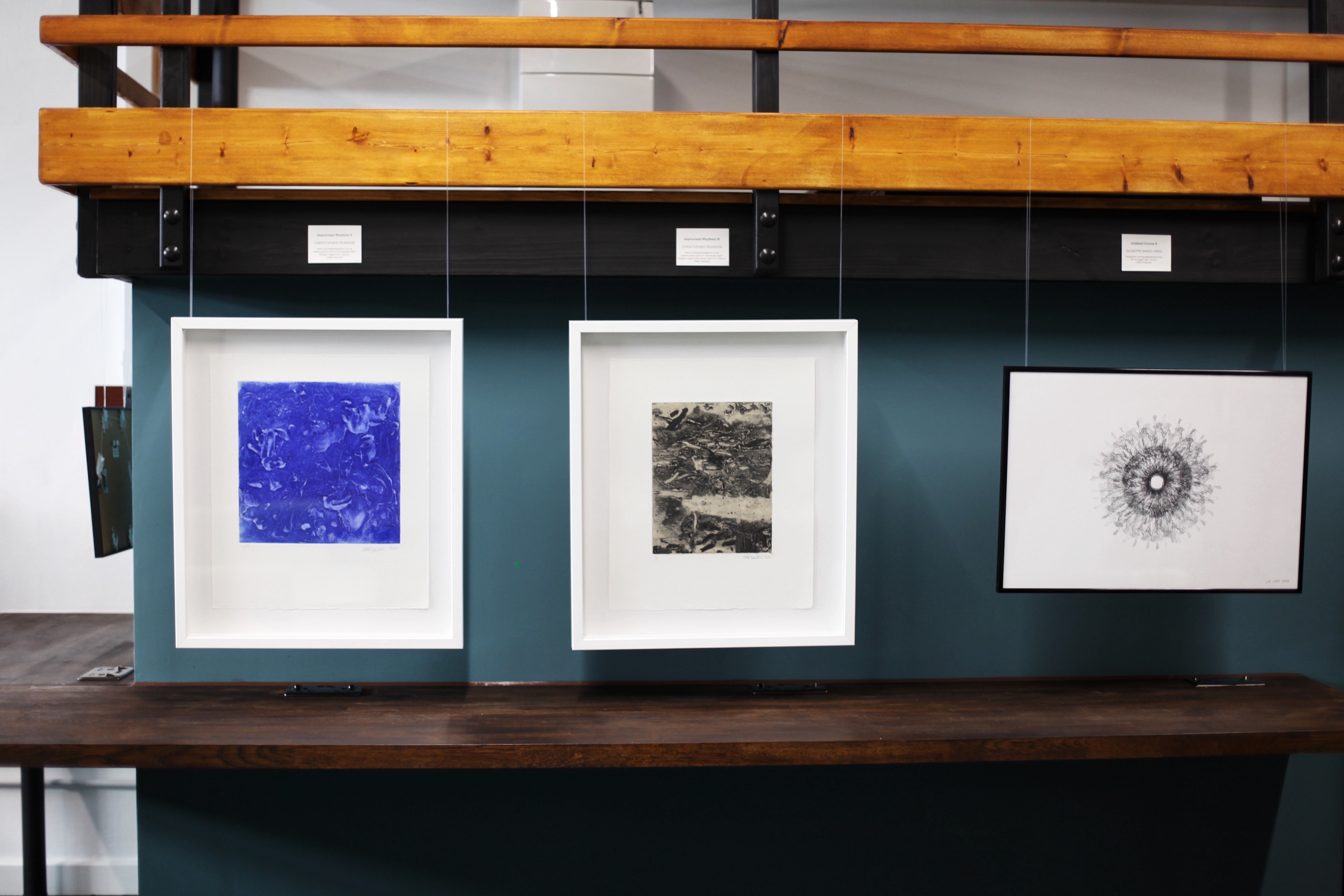 Two prints of mine ('Improvised Rhythms II' (left) & 'Improvised Rhythms III' (centre))