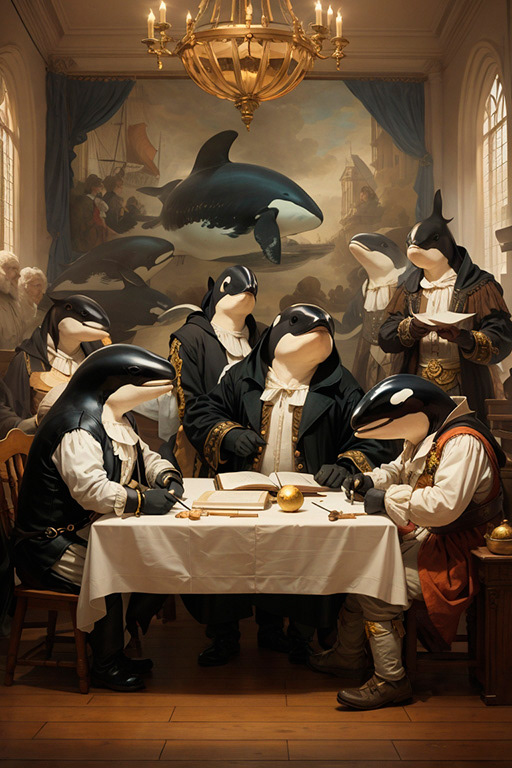 “Peace treaty between cetaceans and humans, Mutual Assured Extinction” 2023, MidJourney