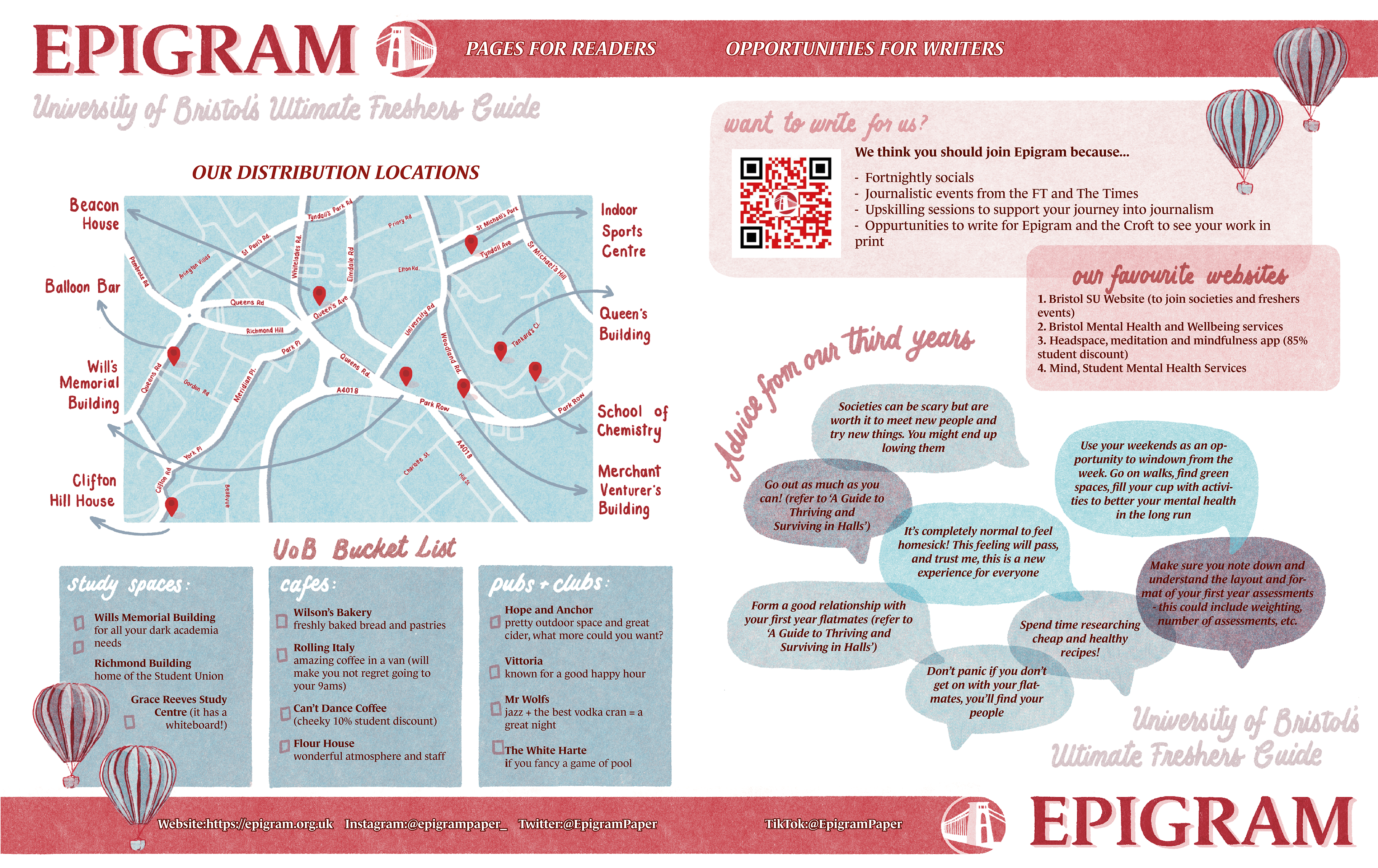 A2 pull-out poster from the Epigram Freshers' Guide: an illustrated map of University of Bristol sites with red pins, a bucket list and speech-bubble advice from third-year students.