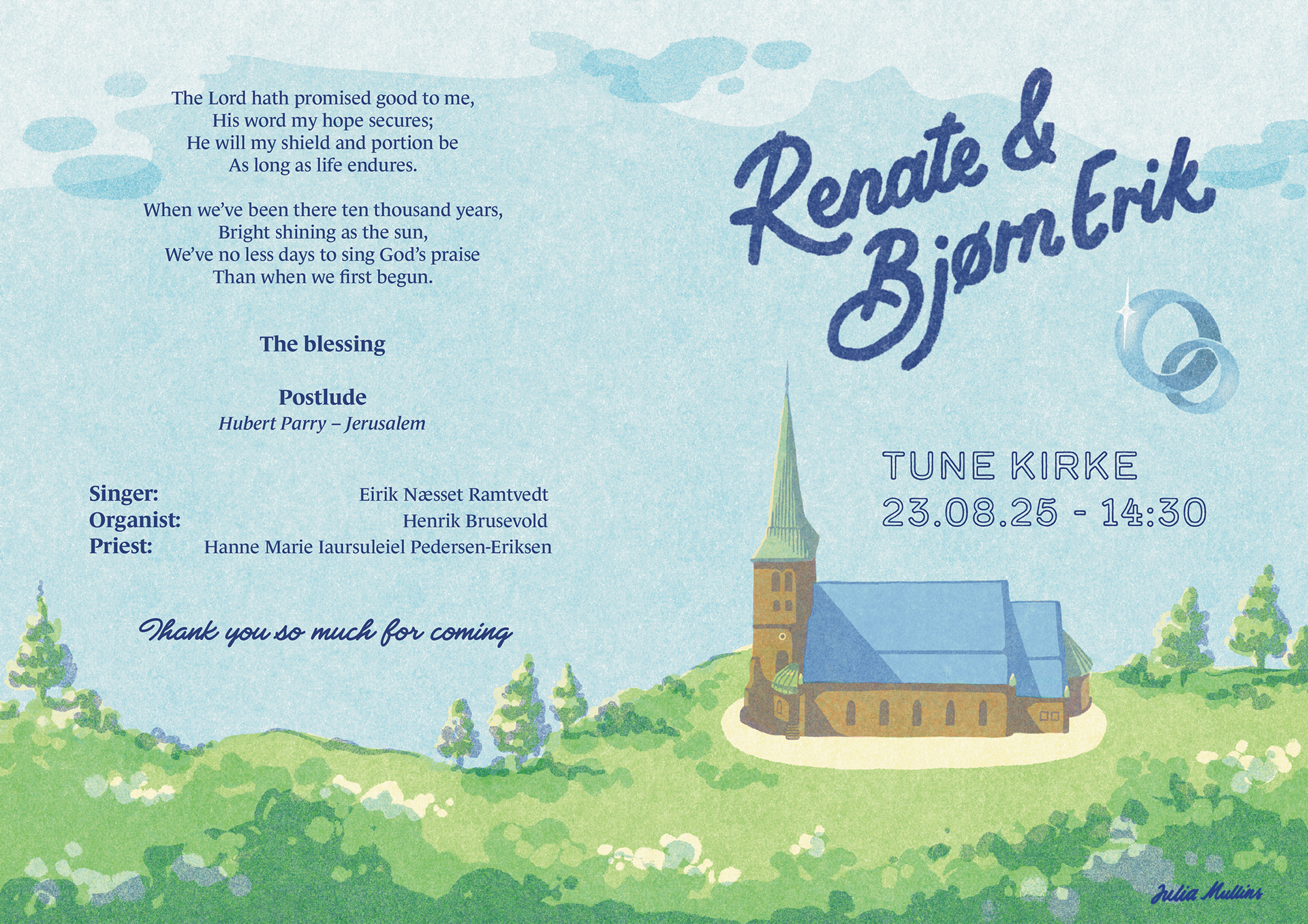 Front and back of the order of service: hymns and running order on one side and, on the other, the illustrated church with wedding rings and "Tune Kirke, 23.08.25, 14:30".