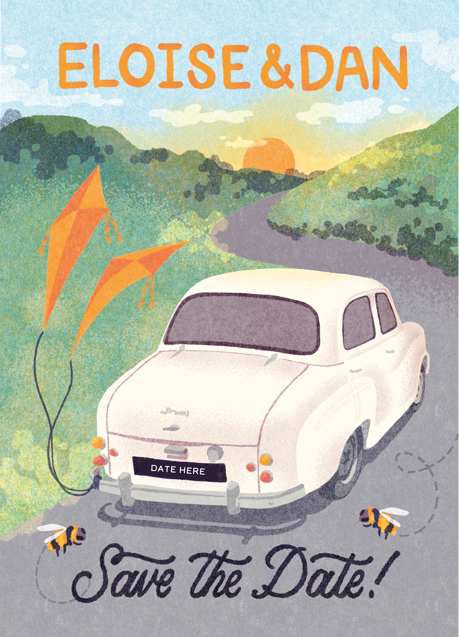 Save the date for Eloise and Dan: a cream Austin A35 drives down a winding road through green hills towards the sunset, with two orange kites and bees trailing from the bumper, and hand-lettered "Save the Date!".