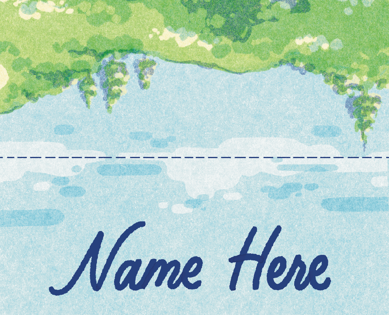 Place card mock-up: "Name Here" in blue script beneath an illustrated riverbank and trees.