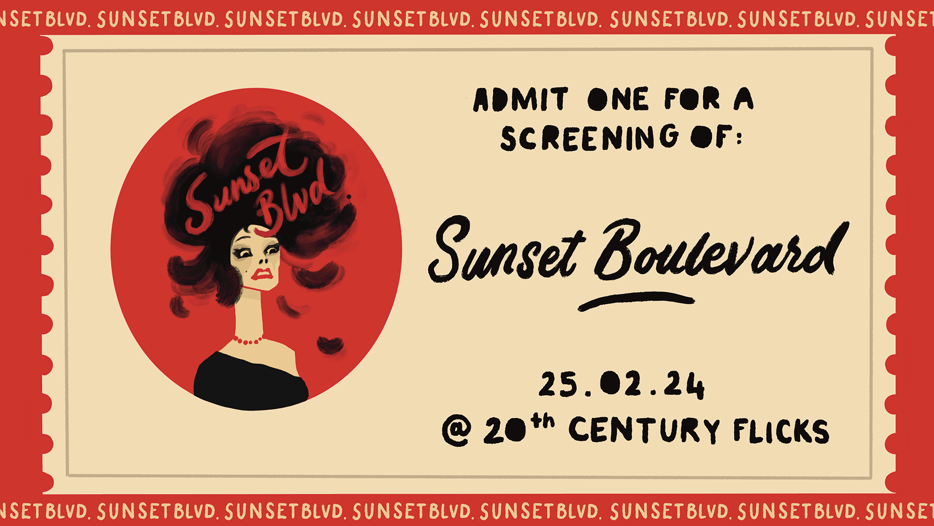 Cream ticket reading "Admit one for a screening of Sunset Boulevard, 25.02.24, 20th Century Flicks", with a circular portrait of the same woman.
