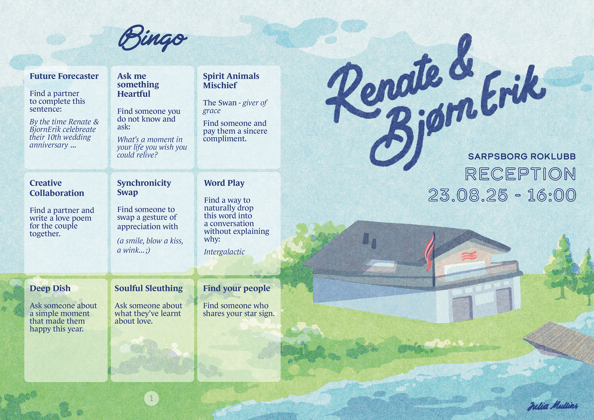 Front and back of the reception programme: a wedding bingo card on one side and, on the other, a waterside clubhouse with "Sarpsborg Roklubb, Reception, 23.08.25, 16:00".