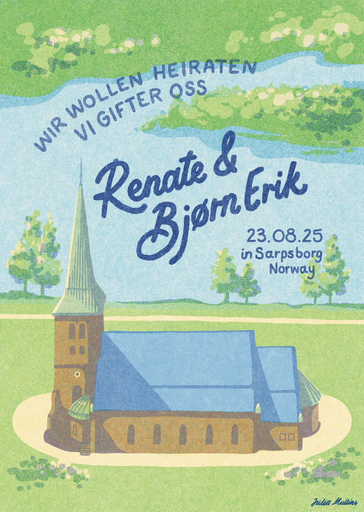 Wedding invitation for Renate and Bjørn Erik: a blue-roofed stone church among trees, the couple's names in blue script, and "23.08.25 in Sarpsborg, Norway".