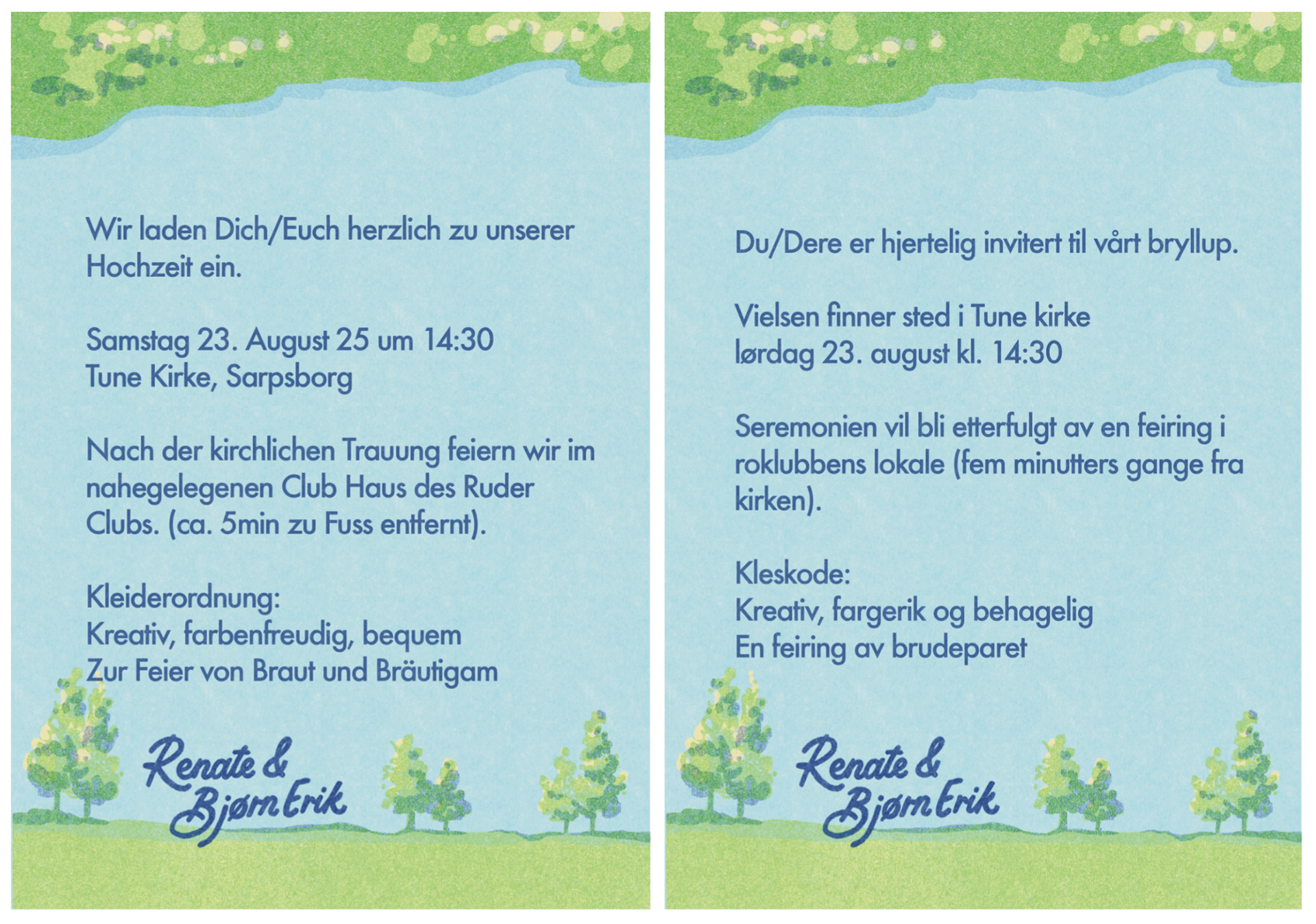 German and Norwegian versions of the invitation's back, with the event details set on an illustrated pale blue sky between strips of grass and trees.