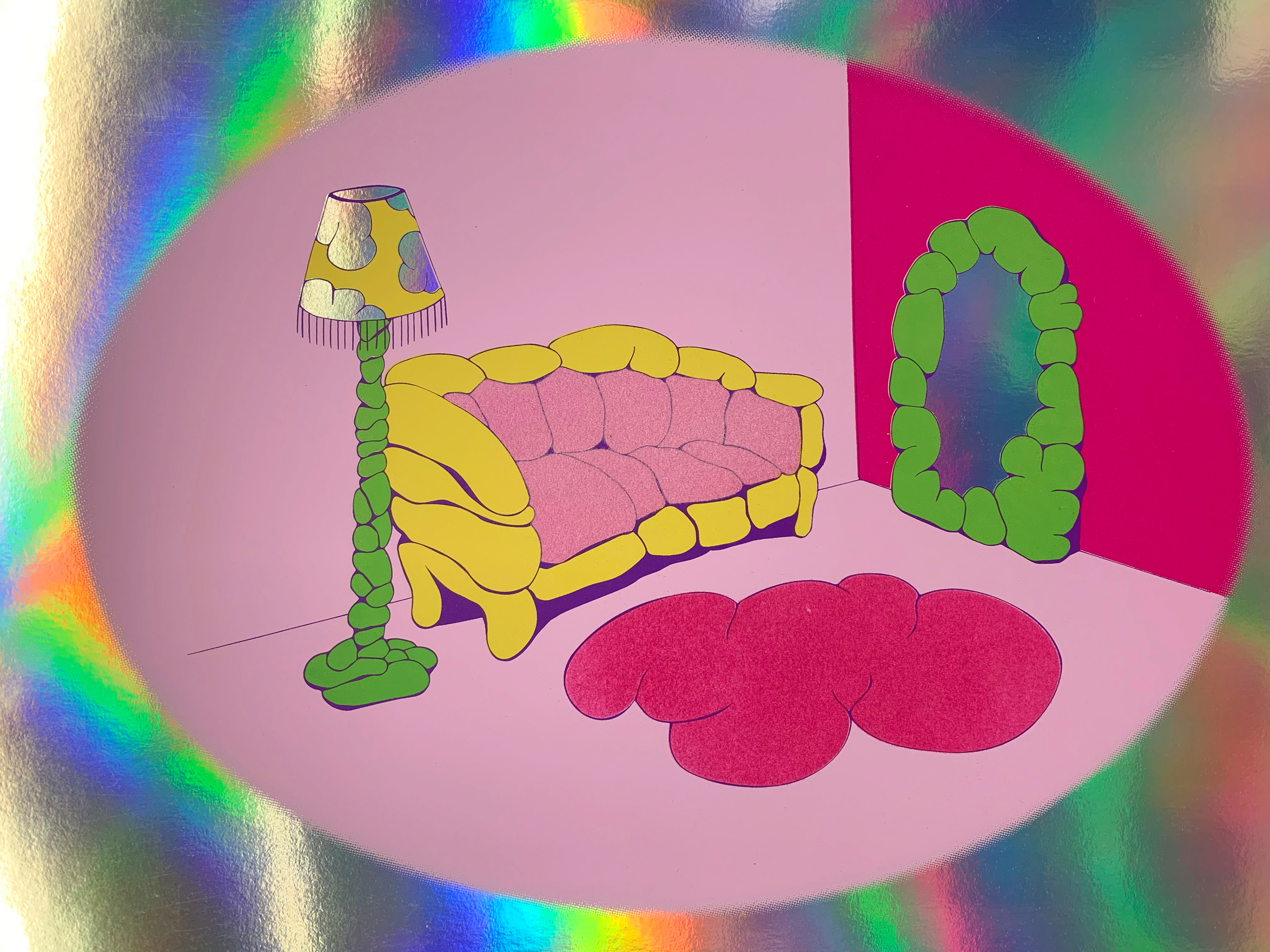 “Lumpyroom”   Collaboration with Emily Elhoffer 8-layer Silkscreen with Flocking on Holographic Substrate  11”x14” 