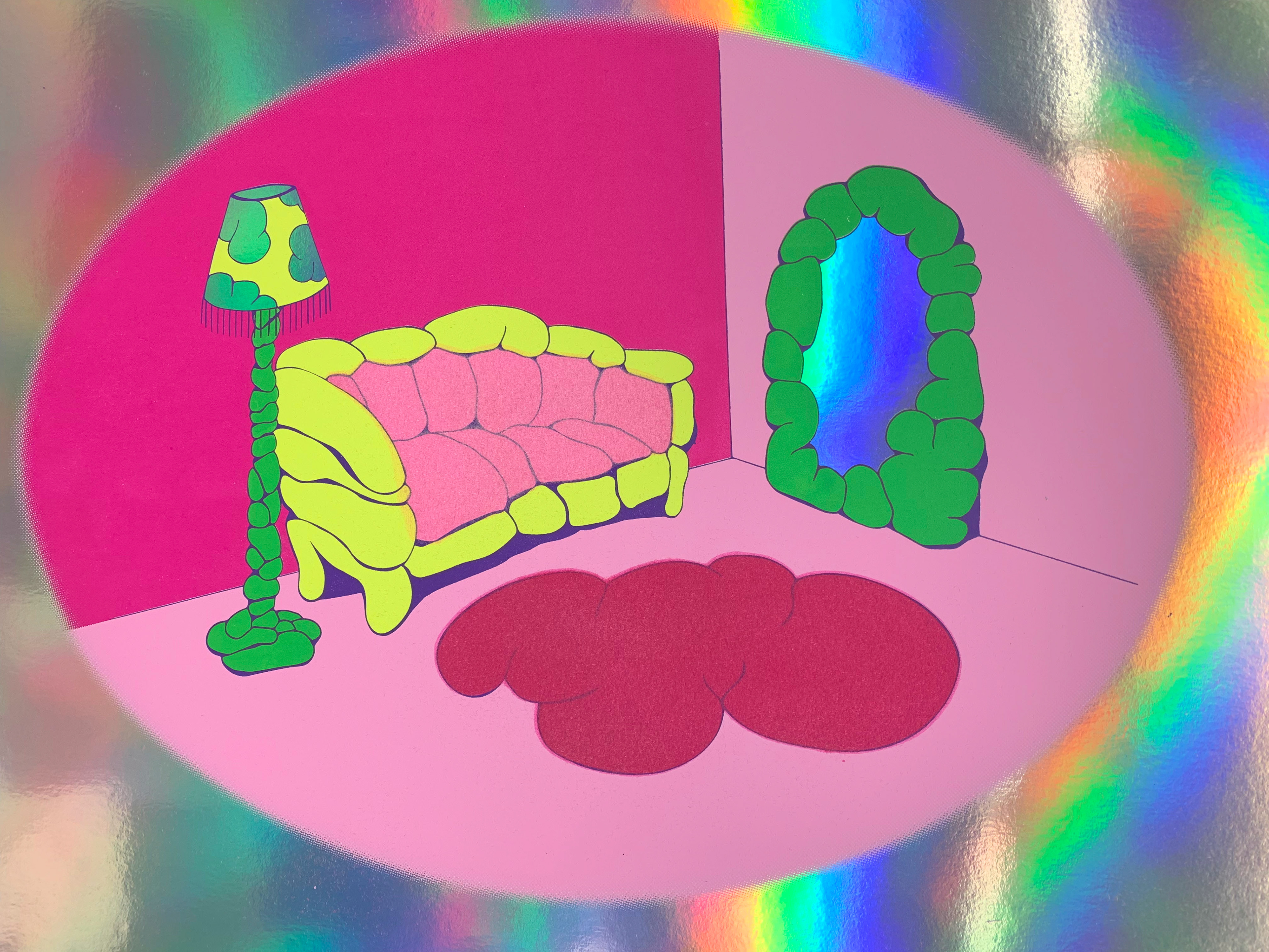 “Lumpyroom” Collaboration with Emily Elhoffer 8-layer Silkscreen with Flocking on Holographic Substrate 11”x14”