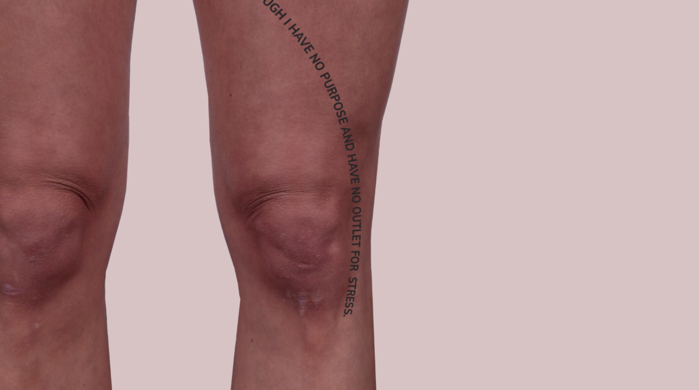 Seventh Key Frame: follows a piece of type that comments on how the athlete feels when she is injured. The frame demonstrates the negative self-talk that comes with being told you are unable to continue training or competing.