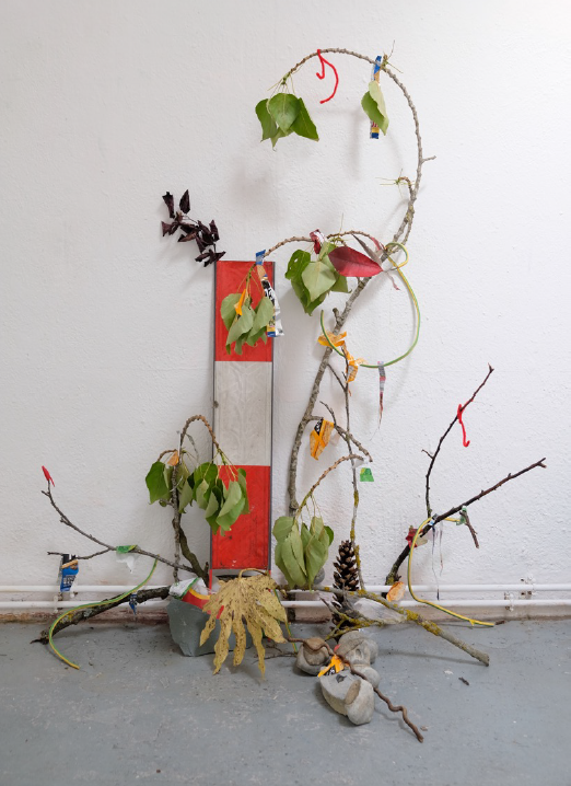Atmospheric Garden, 2019. Found objects from the streets of Oxford includes abandoned branches, small pebbles, broken bricks, a bag of confectionery and bird feathers, etc.