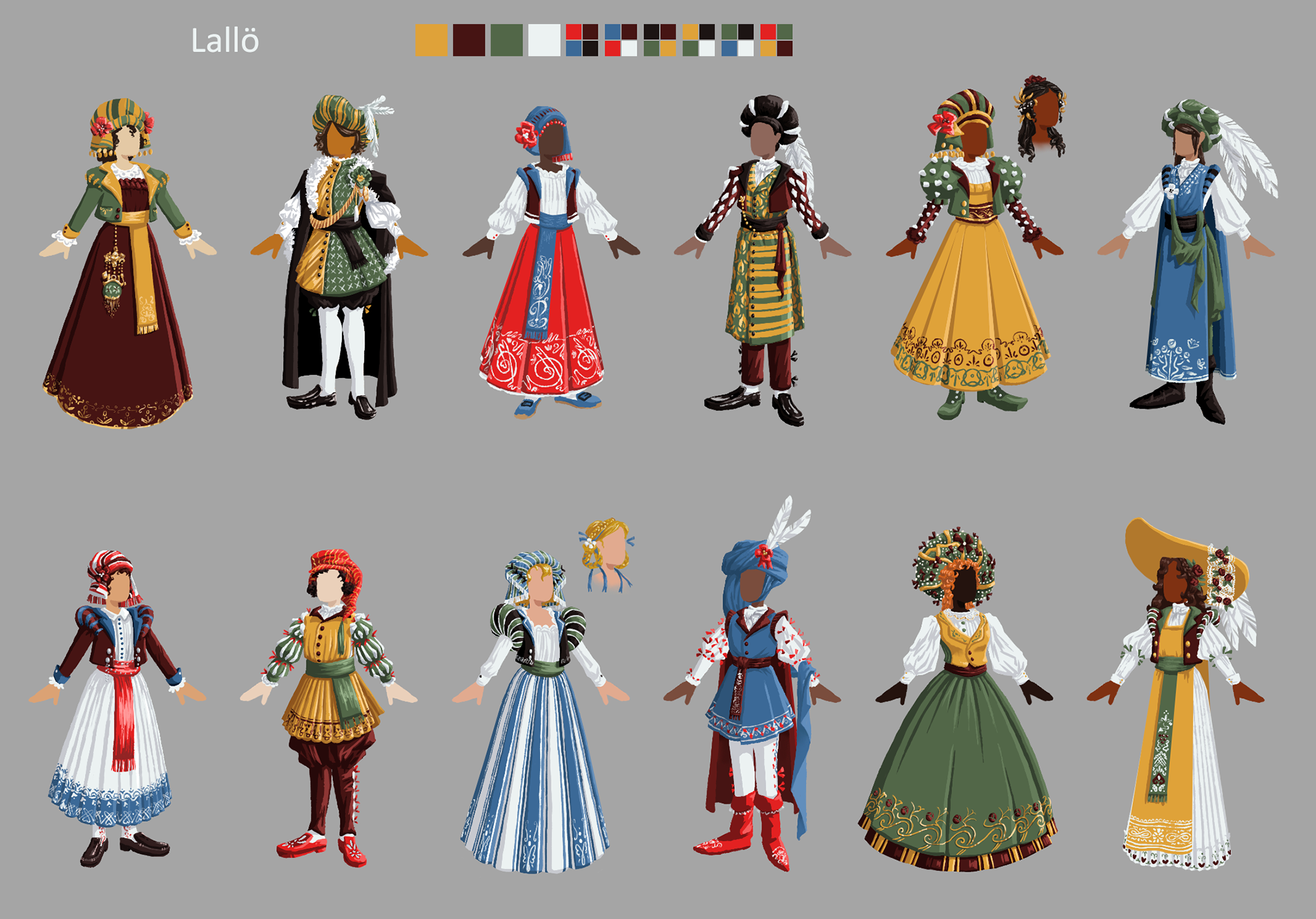 Finished concepts for the clothing of Lallö, inspired by early 16th century Italy and late Victorian Era