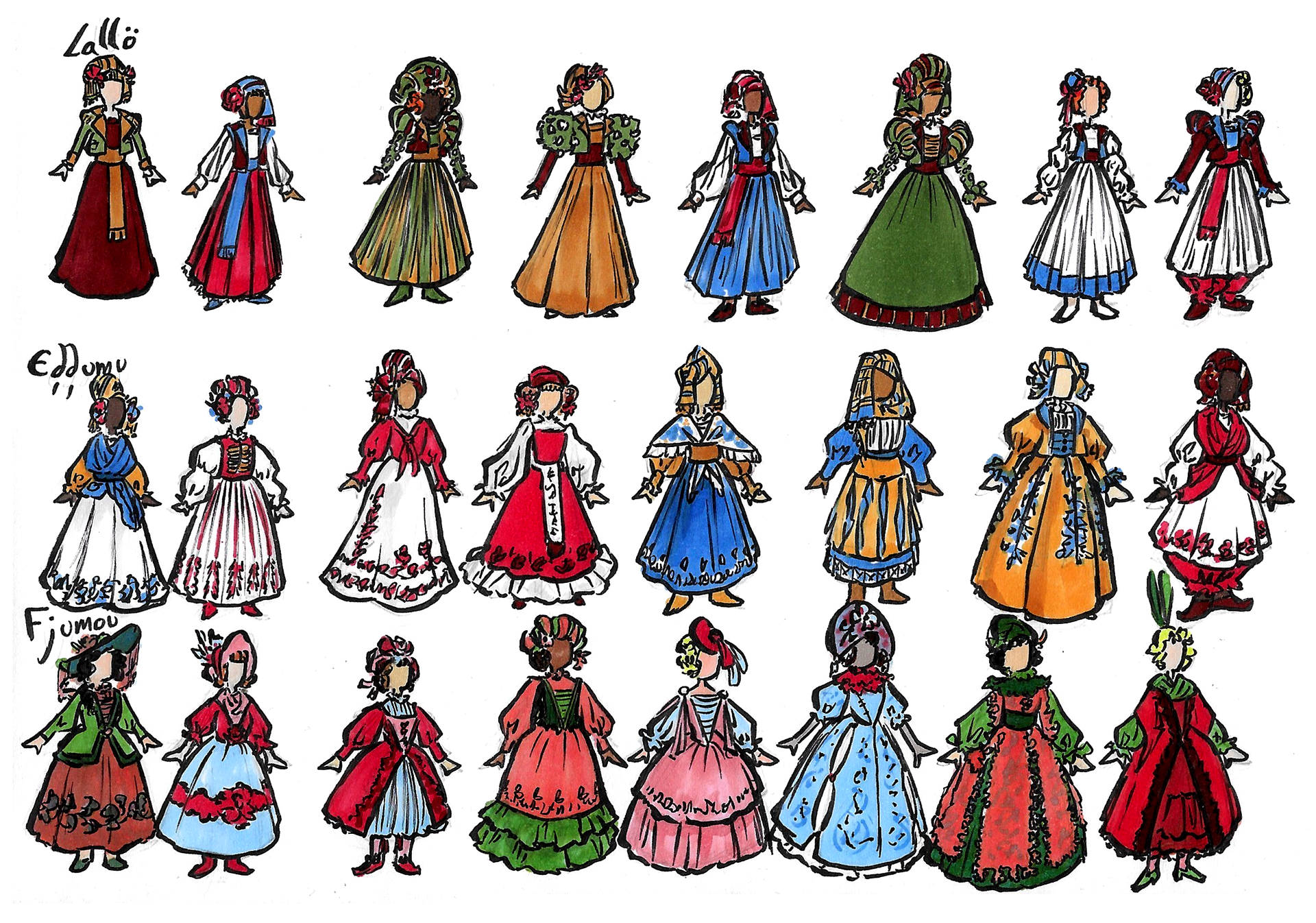 Concepts for clothing of the regions of Lallö, Eddumu and Fjumou