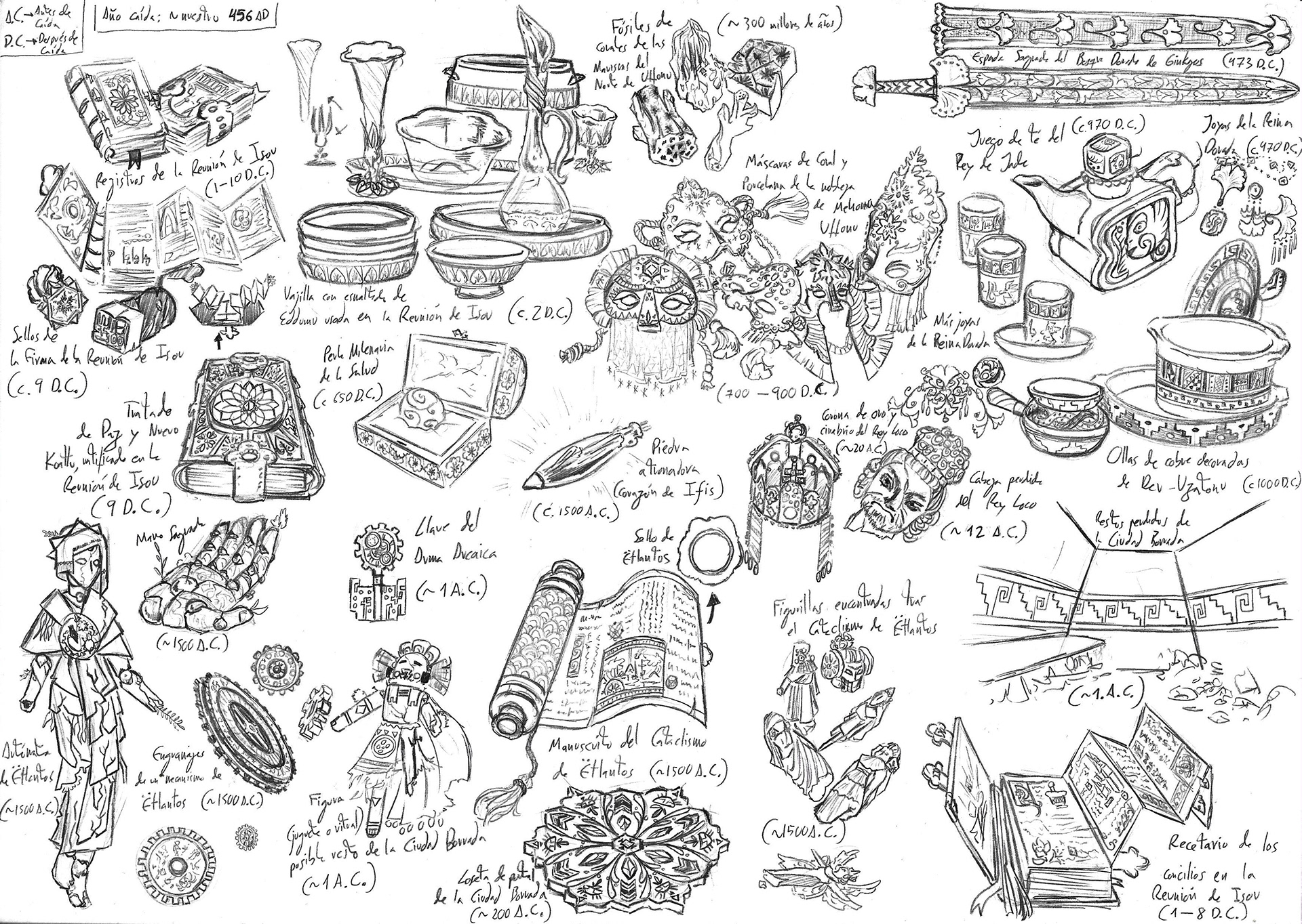 Concept art for different historical artifacts.