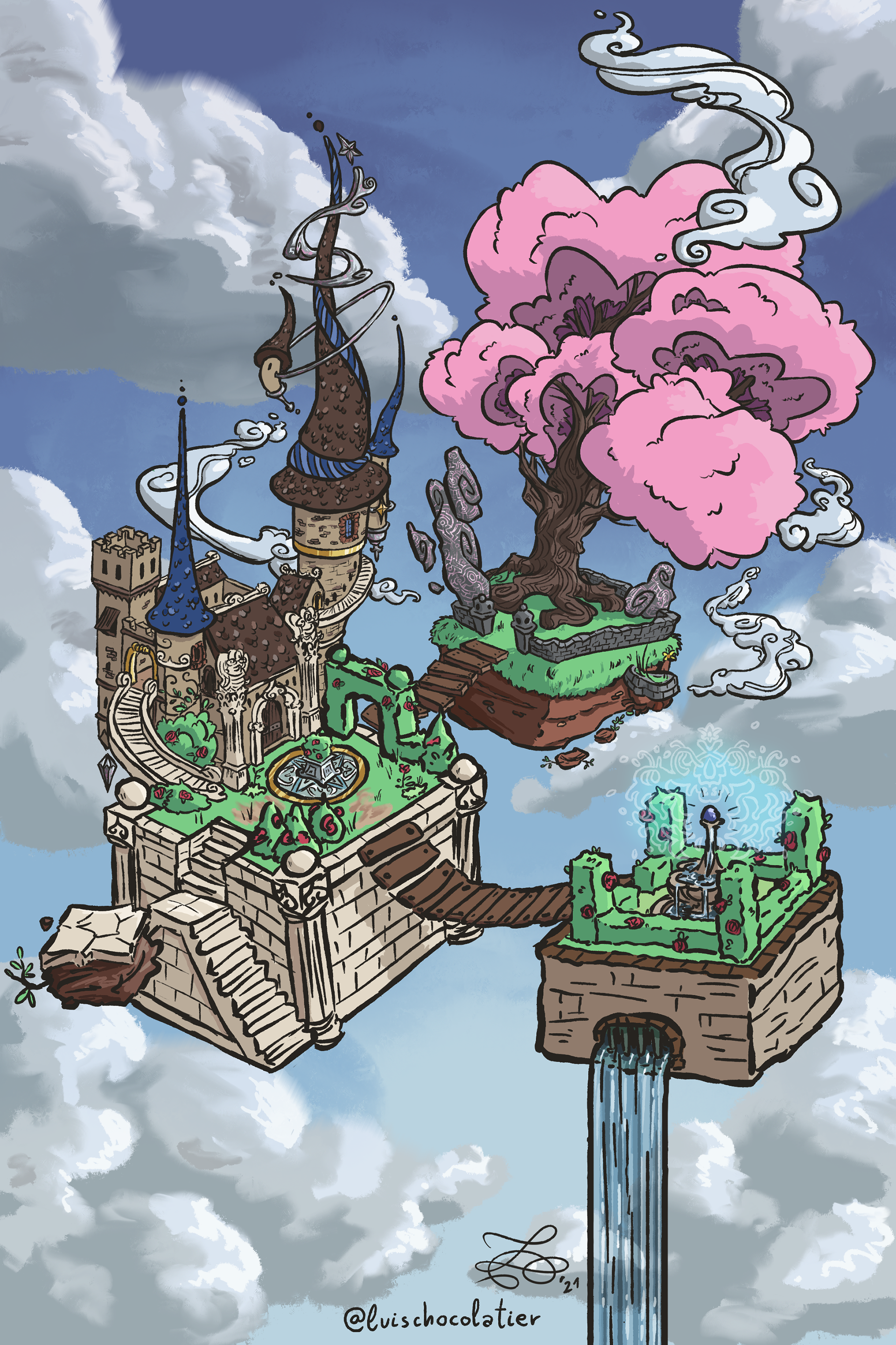 Quick sketch for a magic castle in floating cubes