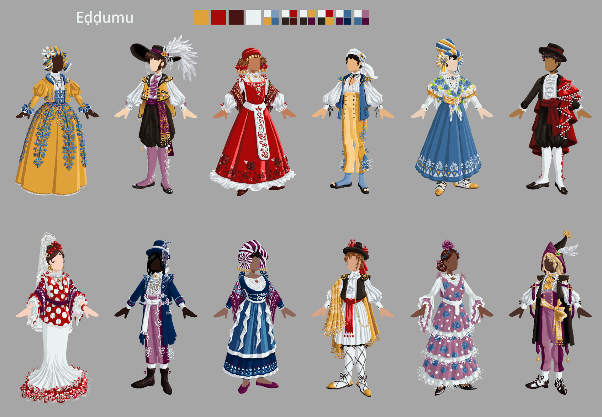 Finished concepts for the clothing of Eddumu, inspired by traditional Spanish dresses and the Regency Era.