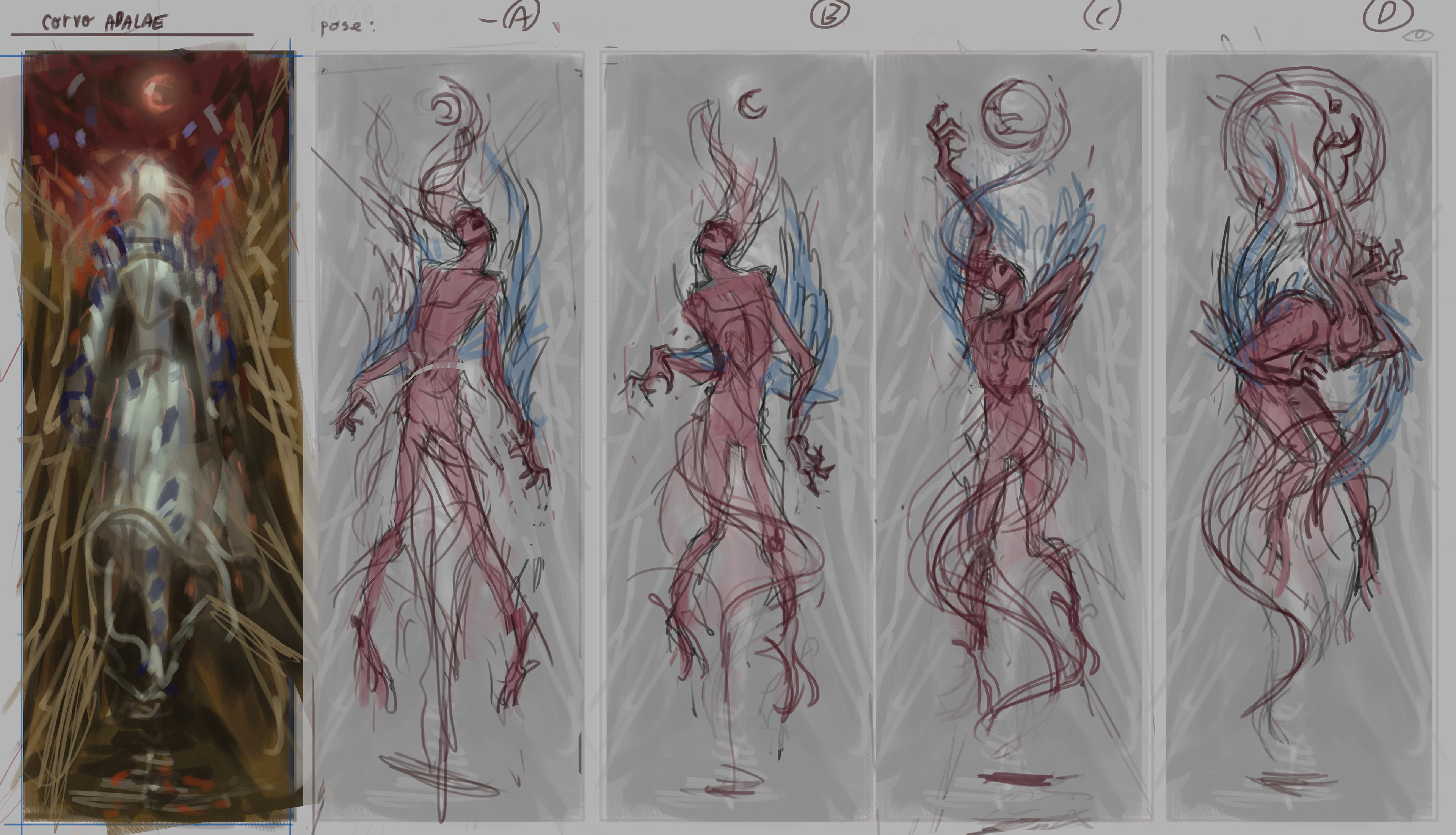 rough thumbnails for pose and colour scheme